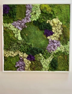 Viridi #51- framed abstract moss garden wall composition green, lilac and white