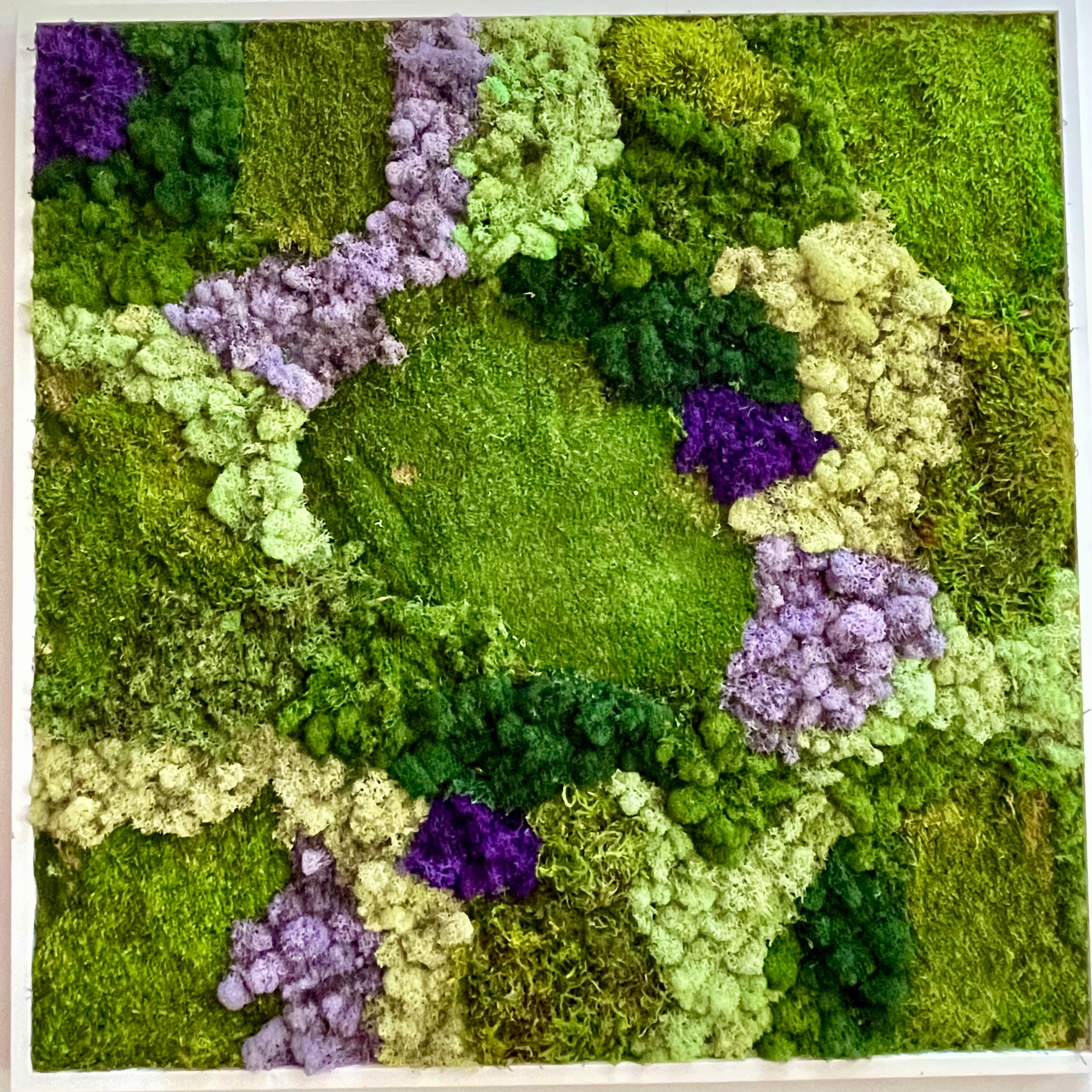 Viridi #51- framed abstract moss garden wall composition green, lilac and white - Mixed Media Art by Marie Laforey