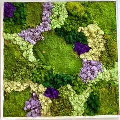 Viridi #51- framed abstract moss garden wall composition green, lilac and white