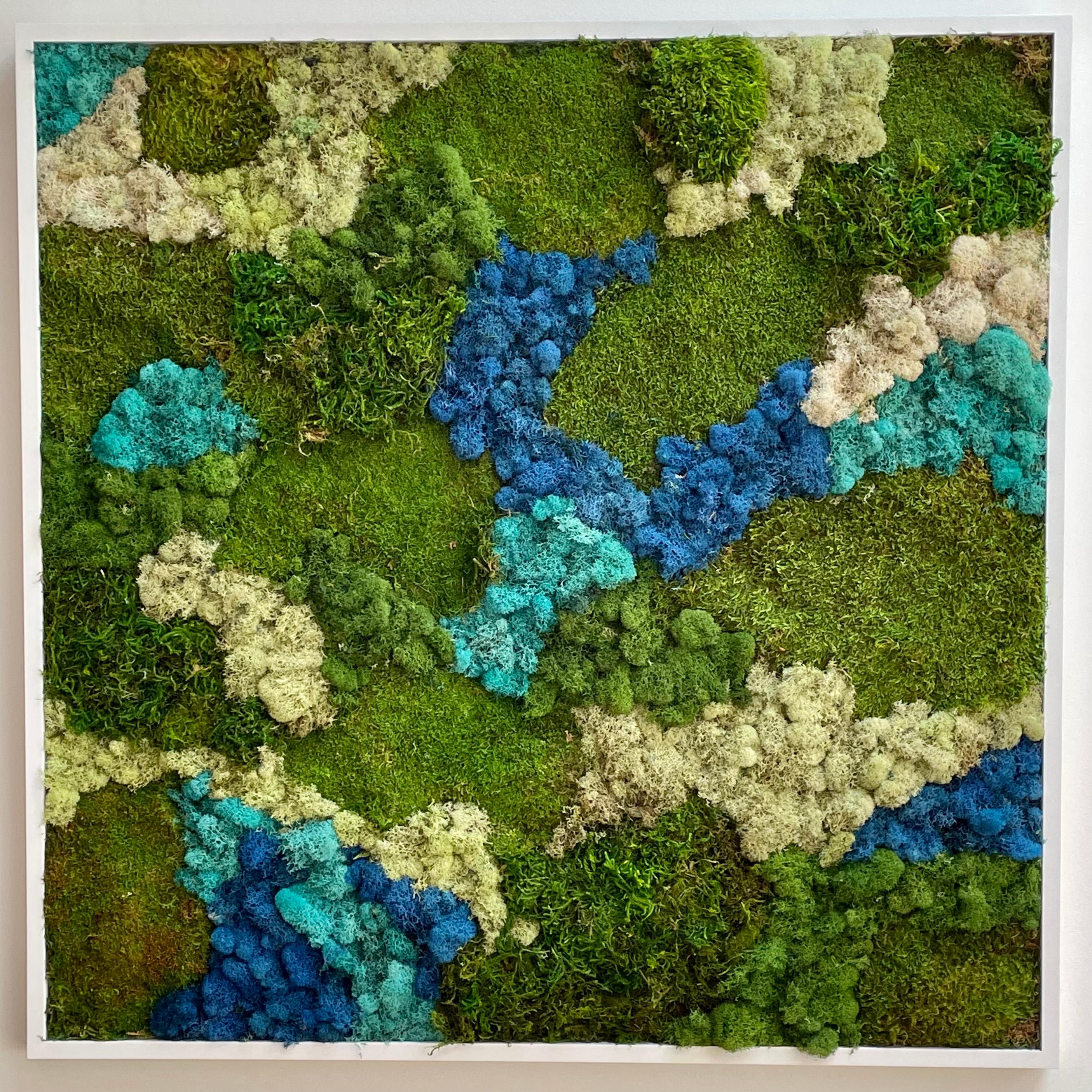 Viridi #55- framed abstract moss garden wall composition green, blue. Care free - Contemporary Mixed Media Art by Marie Laforey