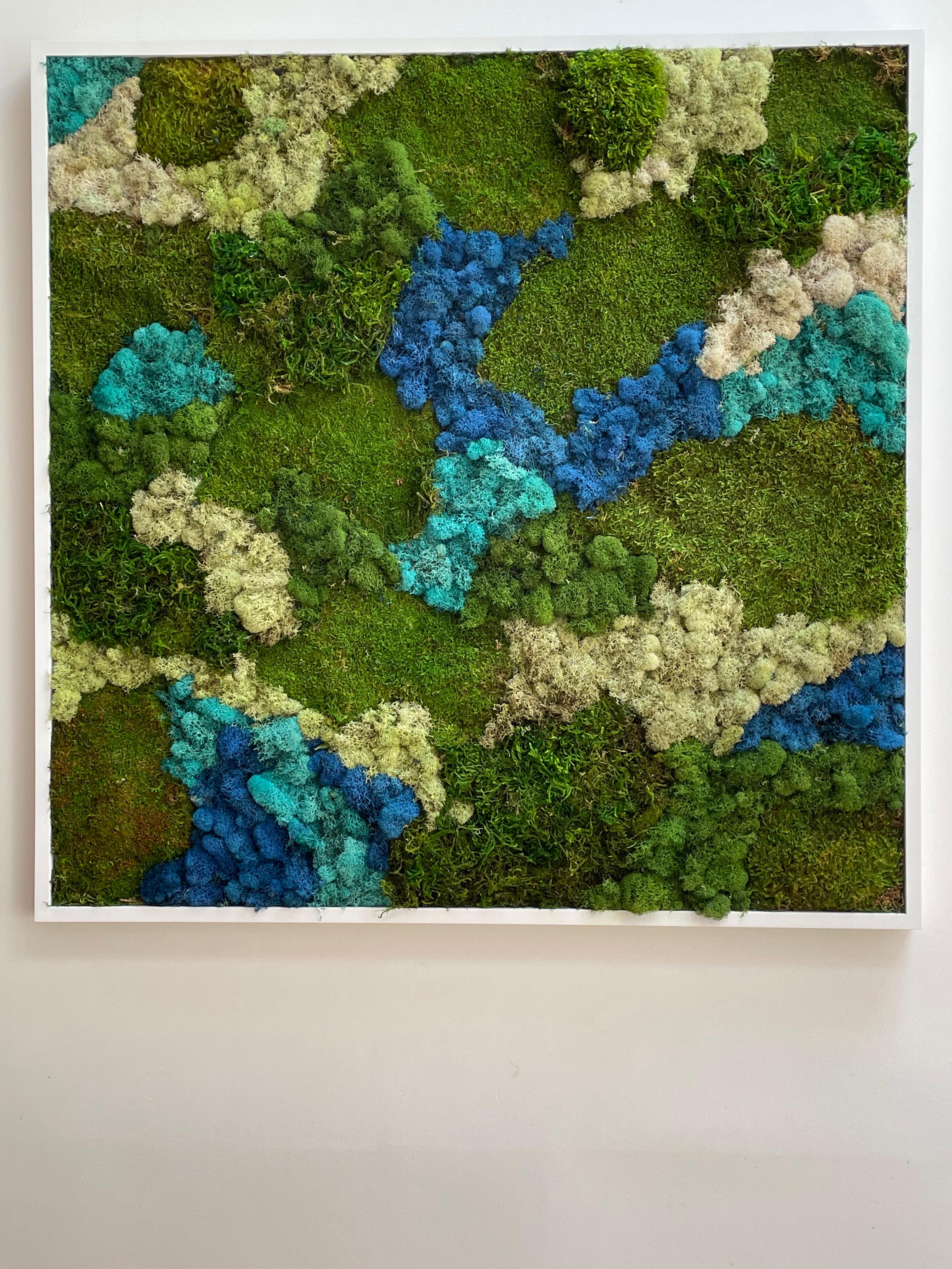 Love Vertical Gardens, but don't want the commitment of caring for the plants? This is the garden for you! Beautiful abstract composition of real preserved mosses in an open framed shadowbox is care free, with no needs of light or water that is