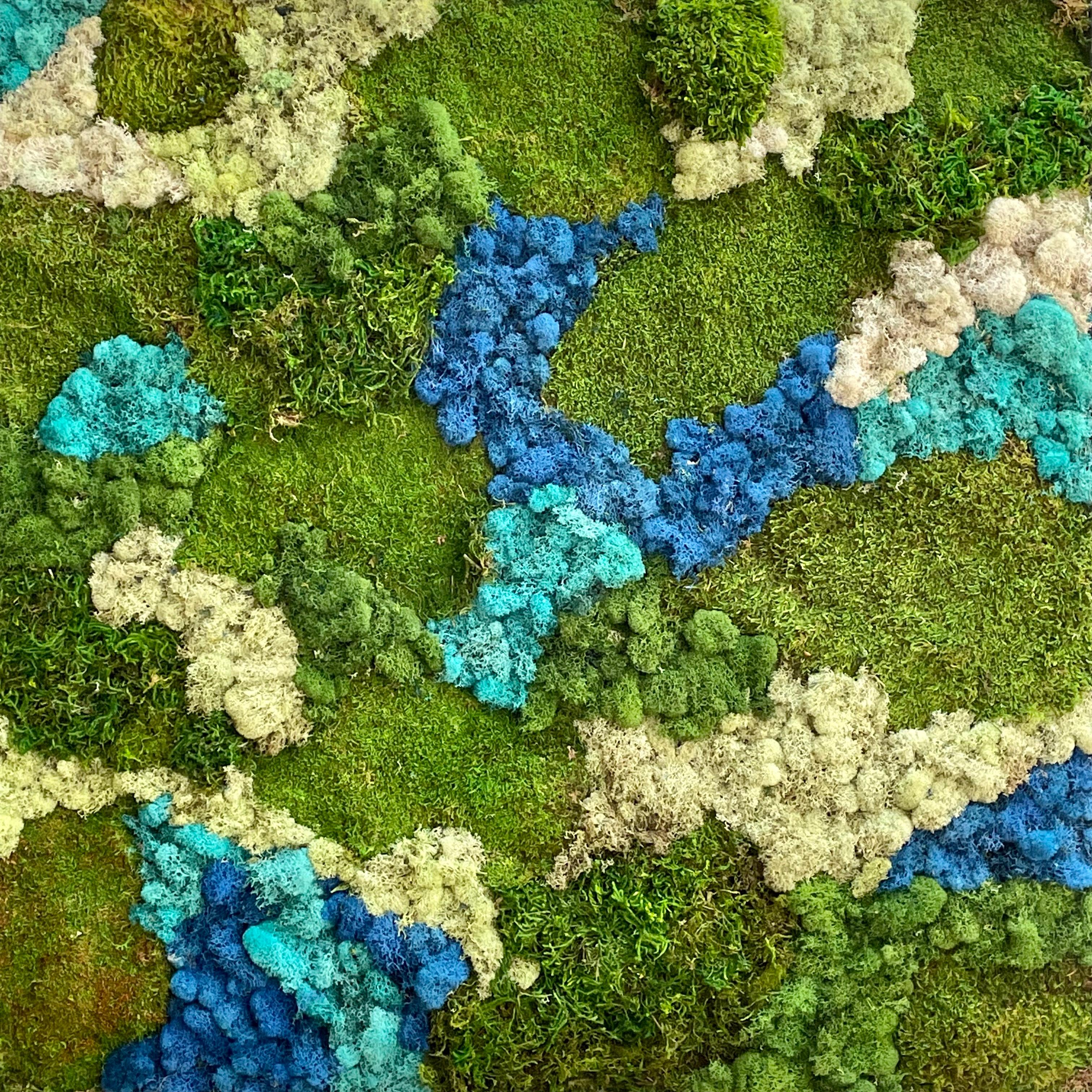Viridi #55- framed abstract moss garden wall composition green, blue. Care free - Mixed Media Art by Marie Laforey