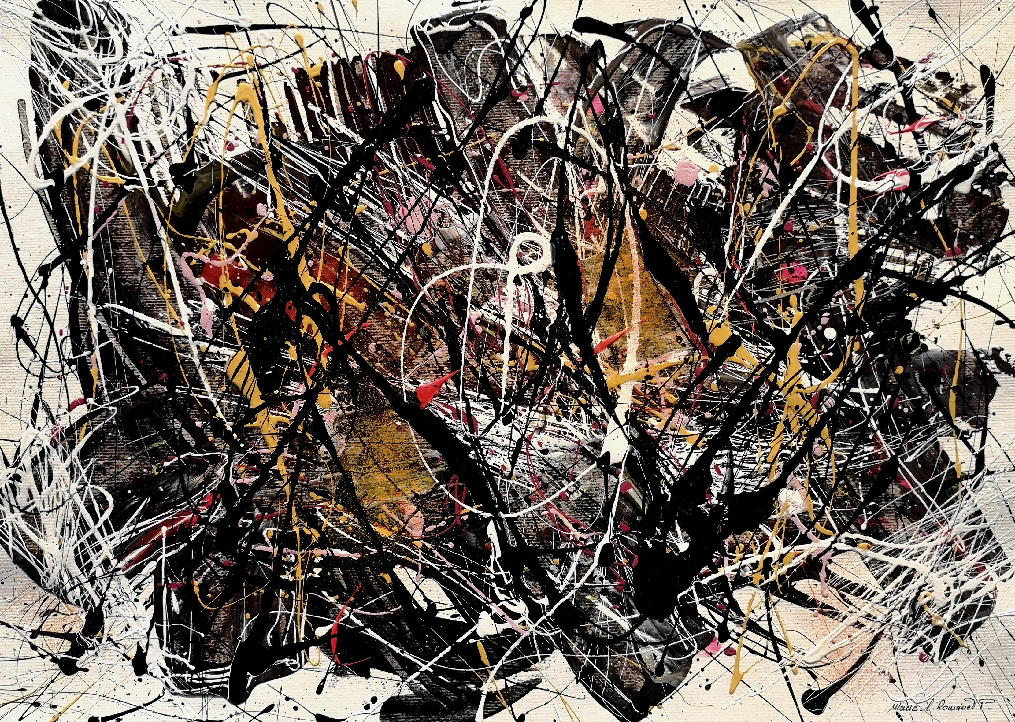 Marie-Laure Romanet Prin company Abstract Painting - "BATTRE LA MESURE" Pollock style