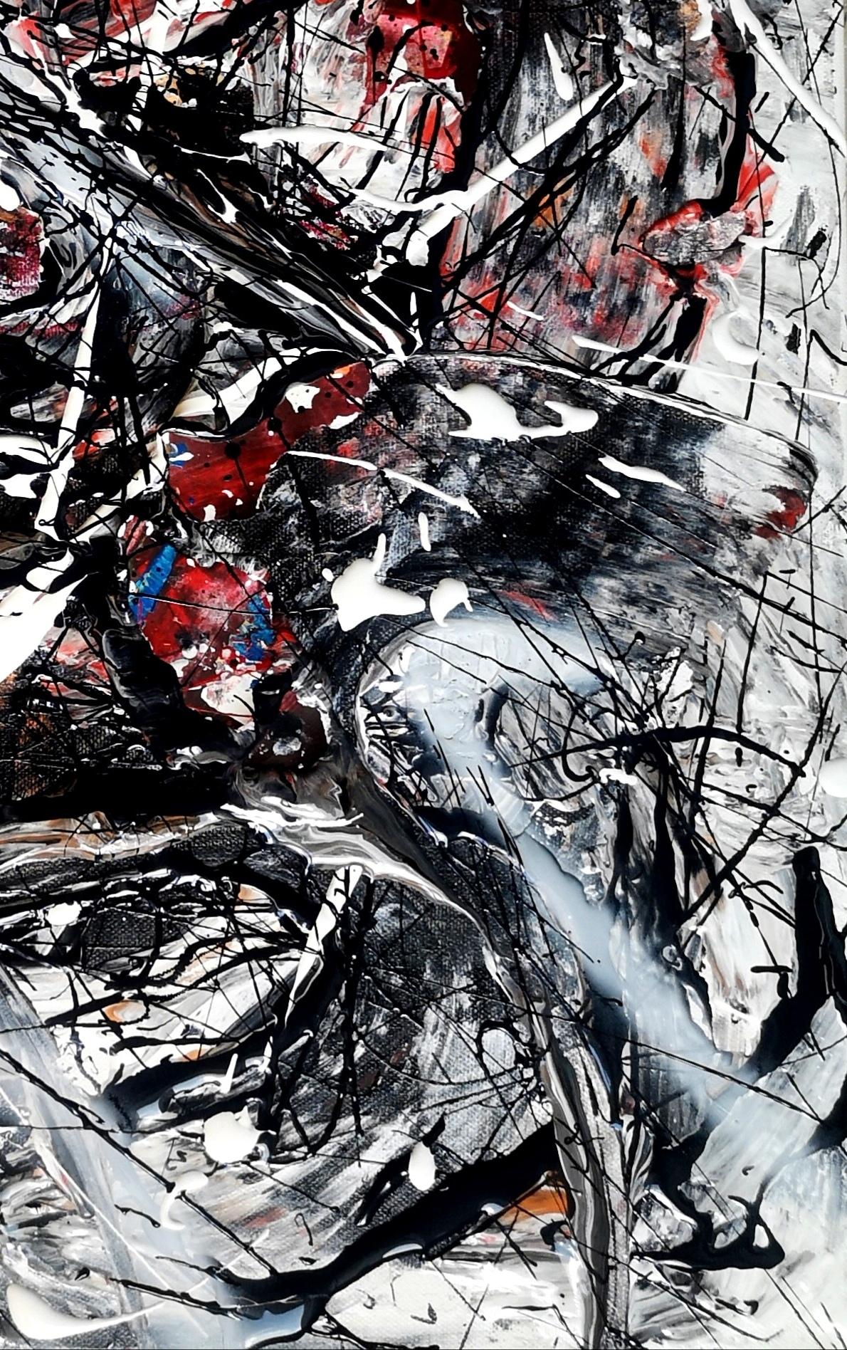 Handbemalt. Kein Druck. Das Gemälde ist auf der Vorder- und Rückseite signiert. Datiert. Zeitgenössische FINE ART Original-MALEREI, Acryl und Sprühfarbe und Collage (von meinen eigenen Gemälden)  auf gespannter Leinwand. Titel: Par la loi du silence