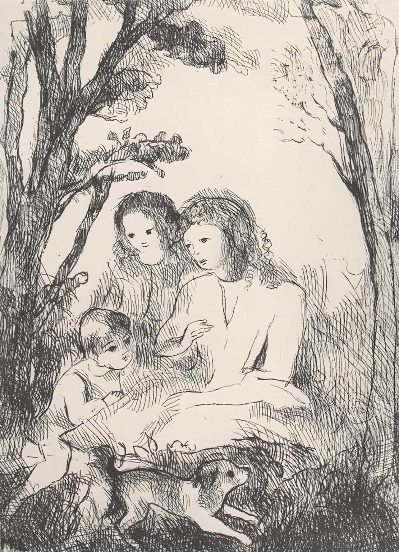 Aguafuerte sobre papel vélin de Rives BFK à la forme. Tamaño del papel: 9,8 x 7,9 pulgadas. Inscripción: Firmada en la plancha y sin numerar, tal como se emitió. Notas: Del álbum Antarés, eaux-fortes originales de Marie Laurencin, 1944. Publicado