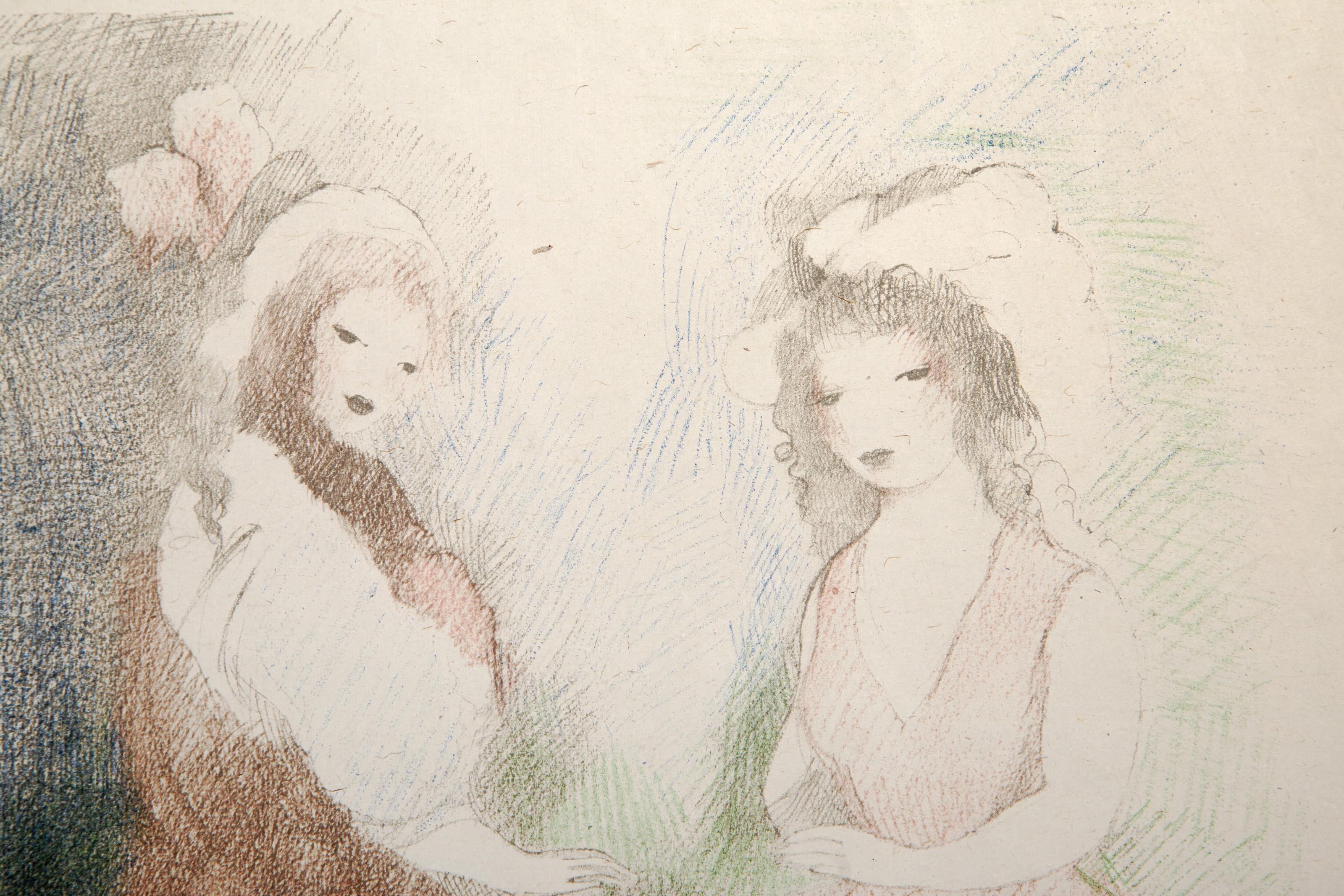 Deux Femmes et un Chien, Impressionist Lithograph by Marie Laurencin For Sale 1