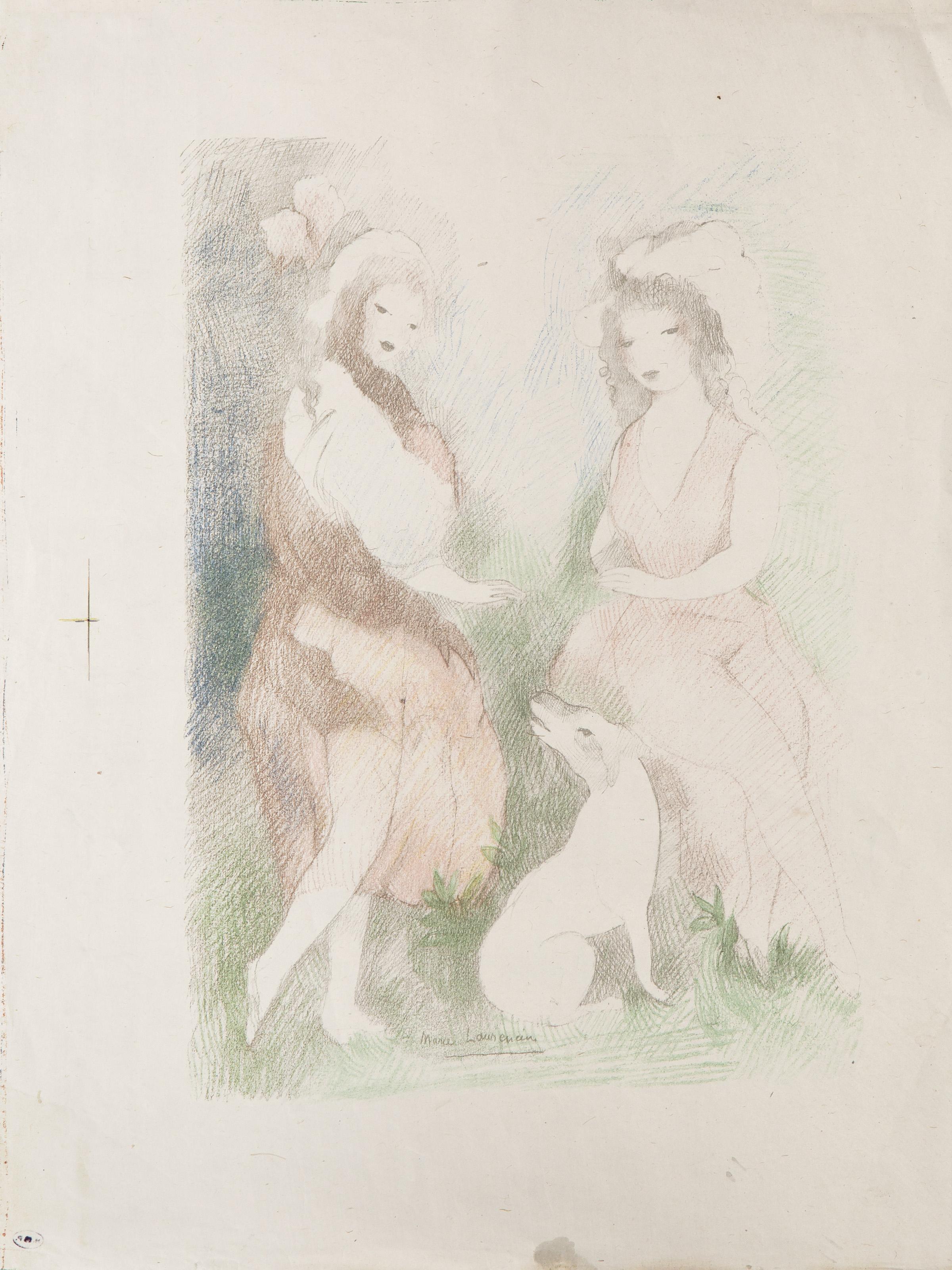 Deux Femmes et un Chien, Impressionist Lithograph by Marie Laurencin For Sale 2