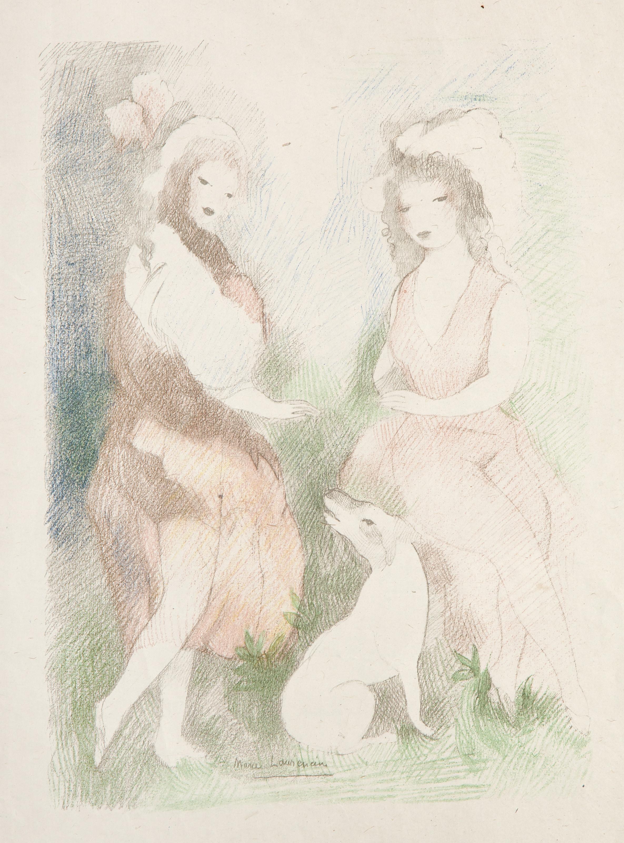 Marie Laurencin, French (1885 - 1956) -  Deux Femmes et un Chien, Year: circa 1945, Medium: Lithograph, signed in the plate, Image Size: 13.25 x 9.75 inches, Size: 17.5 x 14 in. (44.45 x 35.56 cm), Description: From the collection of the late Larry