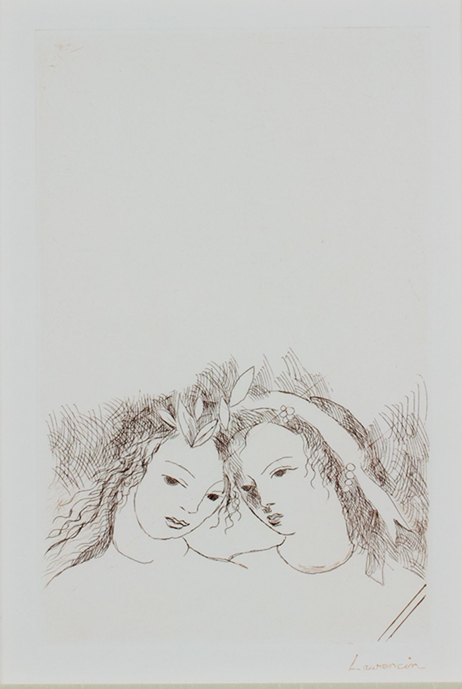 "Jean & Sappho" ist eine Original-Radierung in Sepia von Marie Laurencin. Die gestempelte Signatur des Künstlers befindet sich unten rechts. Dieses Stück zeigt ein zartes Porträt von zwei Frauen, die sich aneinander lehnen. 

13" x 9 7/8" Papier
9"