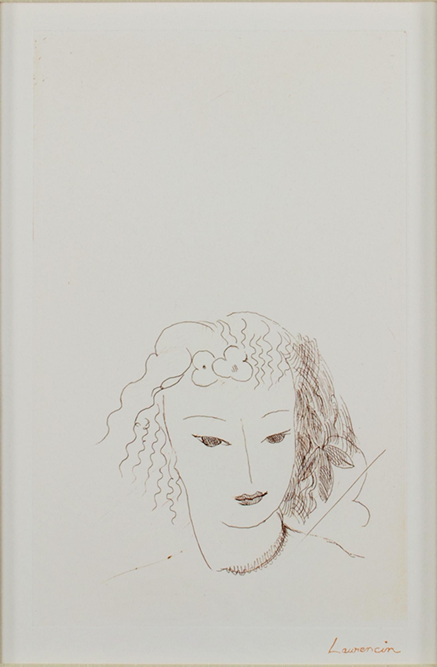 "Jeune Fille" ist eine Original-Radierung in Sepia von Marie Laurencin. Die gestempelte Signatur des Künstlers befindet sich unten rechts. Dieses Stück zeigt ein zartes Porträt eines jungen Mädchens. 

13" x 9 7/8' Papier
9" x 5 1/2" Bild
20 7/8" x