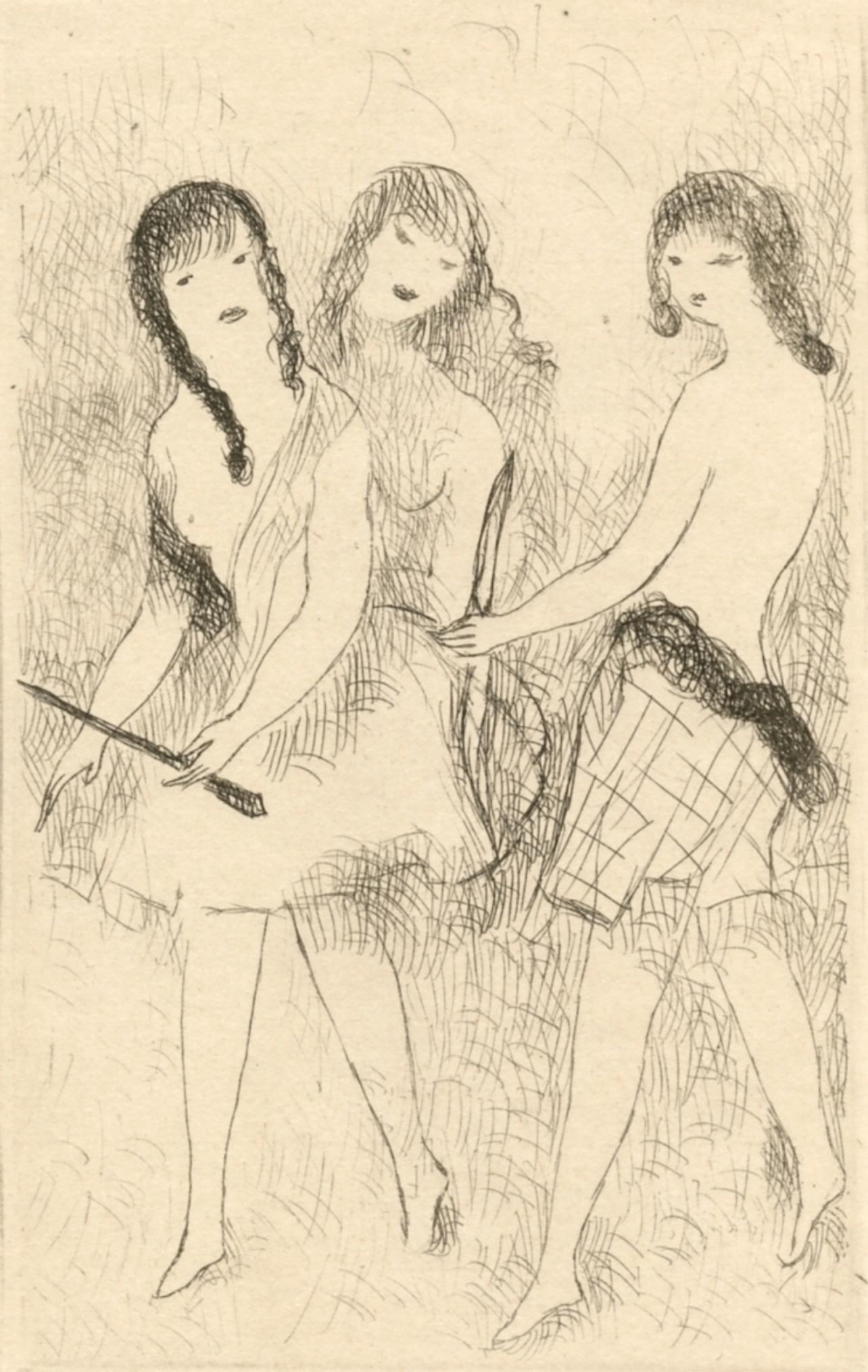 Marie Laurencin Landscape Print - Laurencin, Trois jeunes filles jouant à l'arc, Dix filles dans un pré (after)