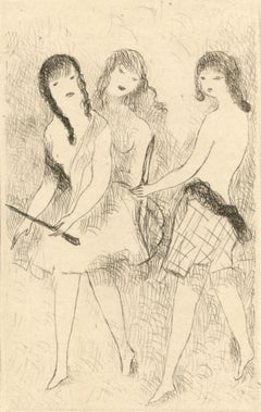 Antique Laurencin, Trois jeunes filles jouant à l'arc, Dix filles dans un pré (after)