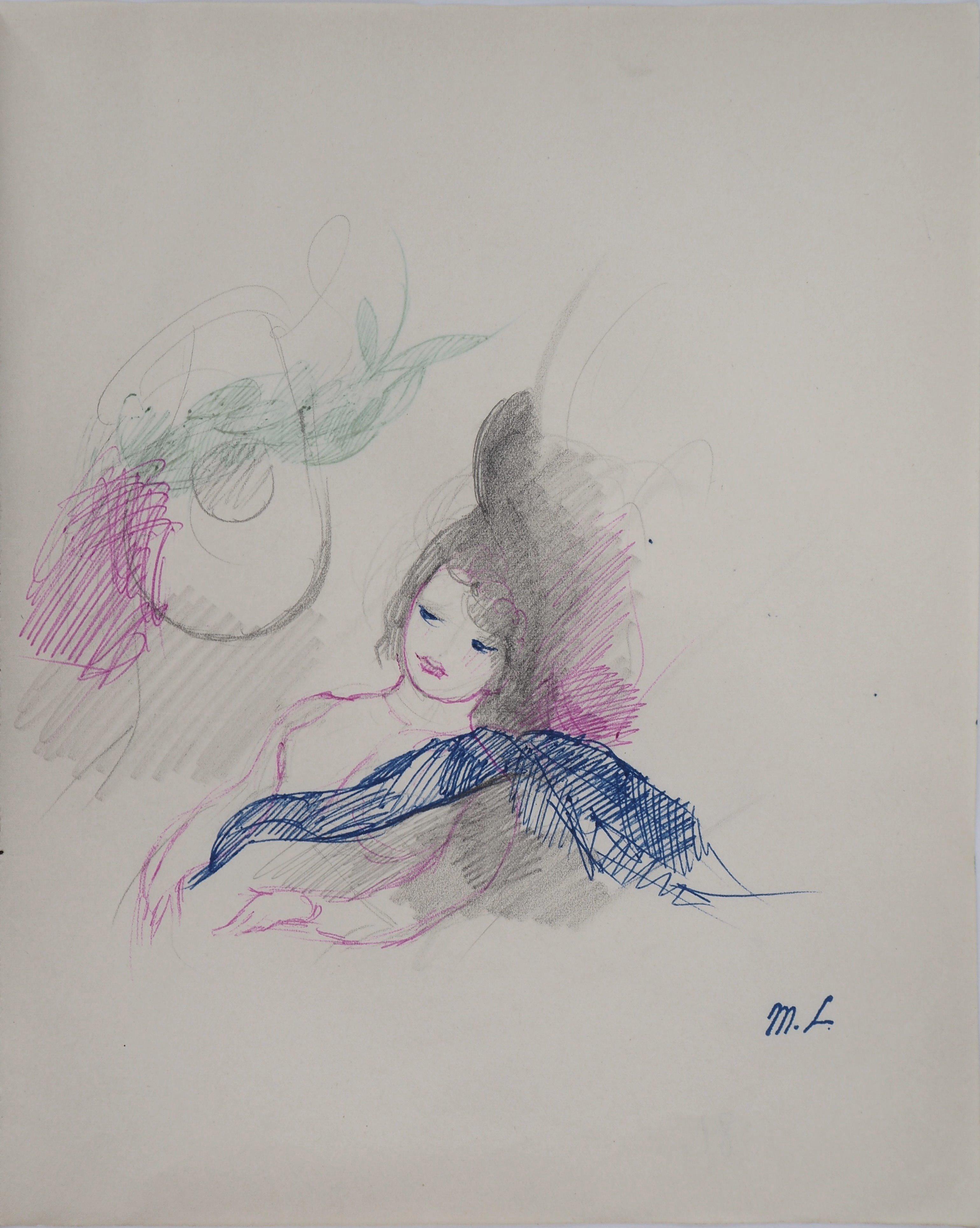 Marie Laurencin Figurative Print - Lying girl - Original ink and pencil drawing, 1953