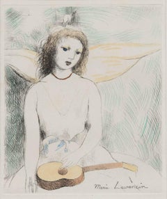Gravure encadrée du début du 20e siècle, fille et Ukulele, Marie Laurencin (1883-1956)