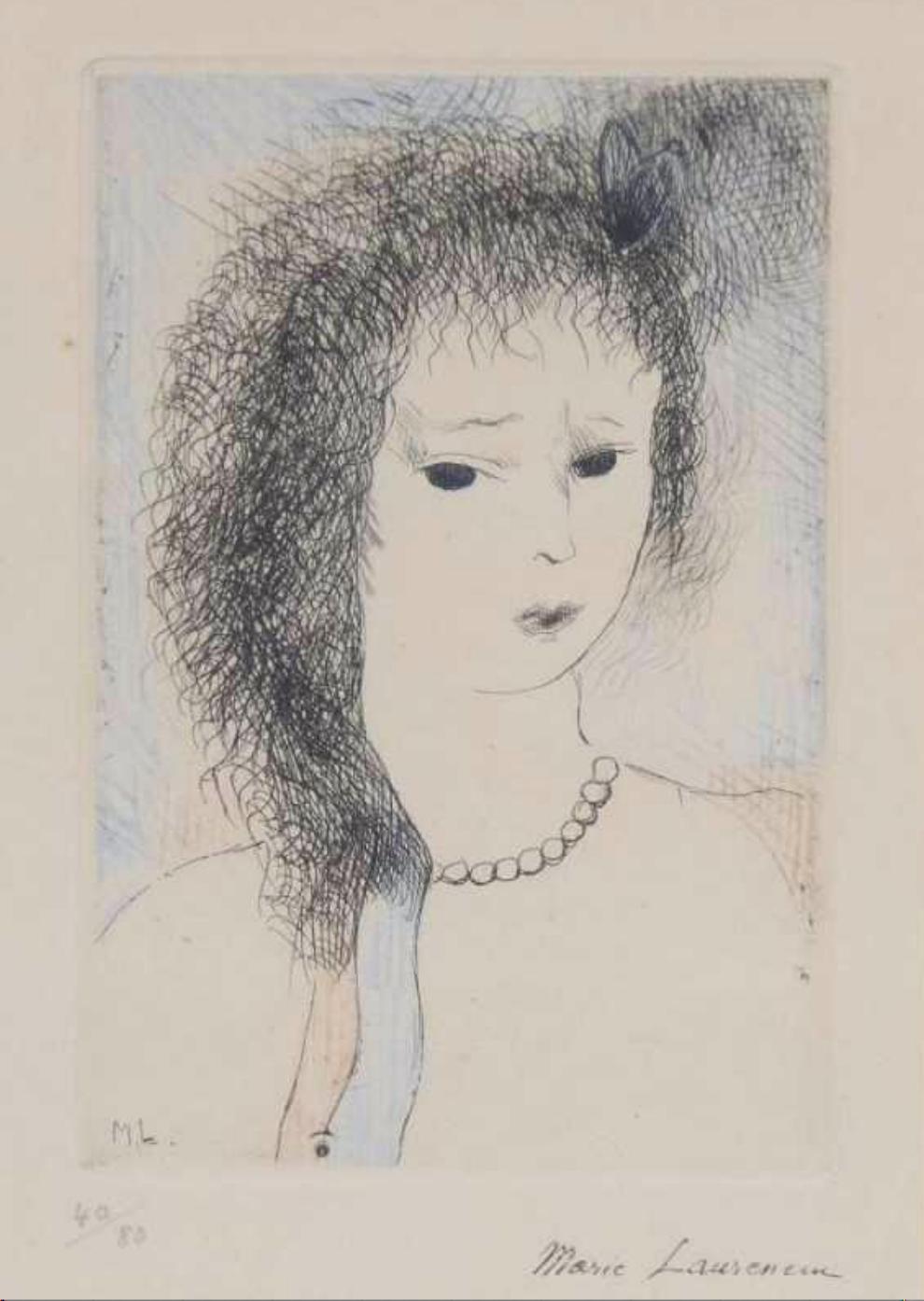 Marie Laurencin Original-Radierung mit Handkolorierung - Frau mit Perlenkette im Angebot 1
