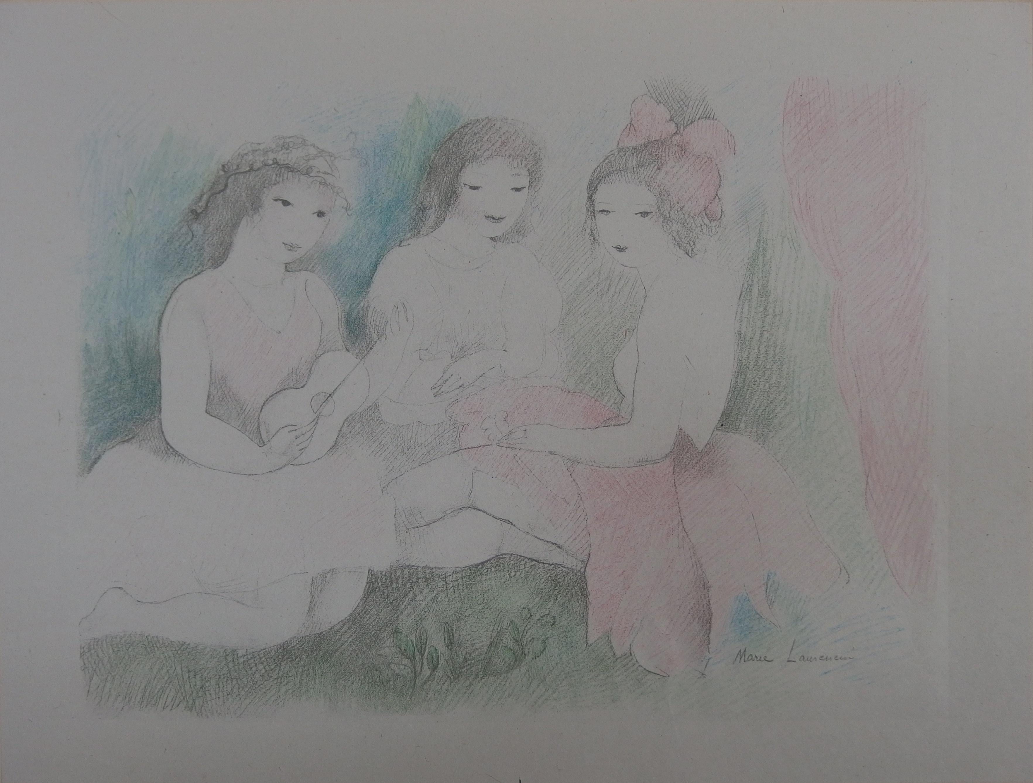 Three Girls Playing Music - Stone Lithograph - 1928