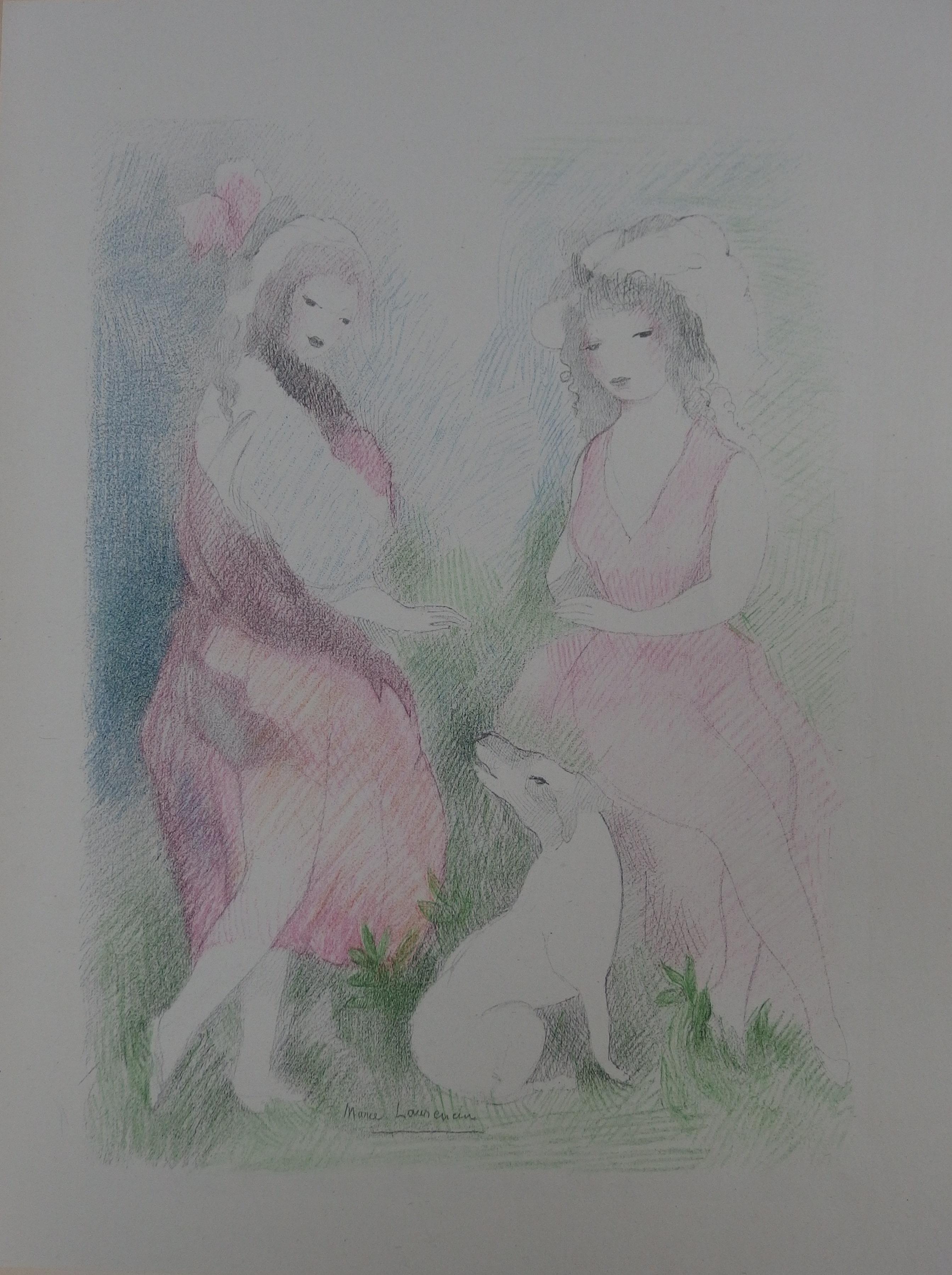 Marie Laurencin Figurative Print - Two Girls with a Dog - Stone Lithograph - Mourlot, 1928