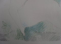 Two Girls with Horses and Dog - Signed Stone Lithograph - 1928