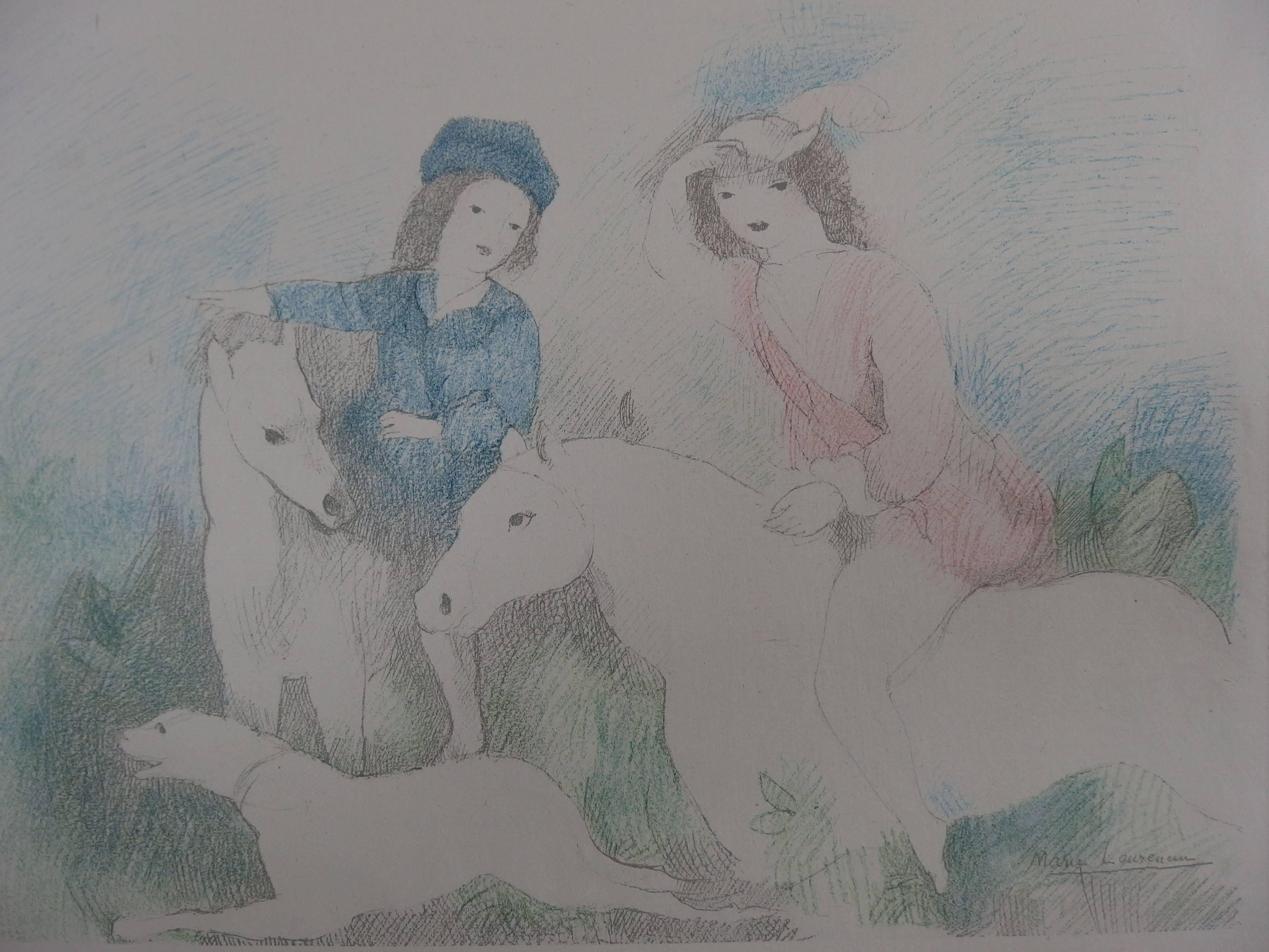 Two Girls with Horses and Dog - Signed Stone Lithograph - 1928 - Realist Print by Marie Laurencin