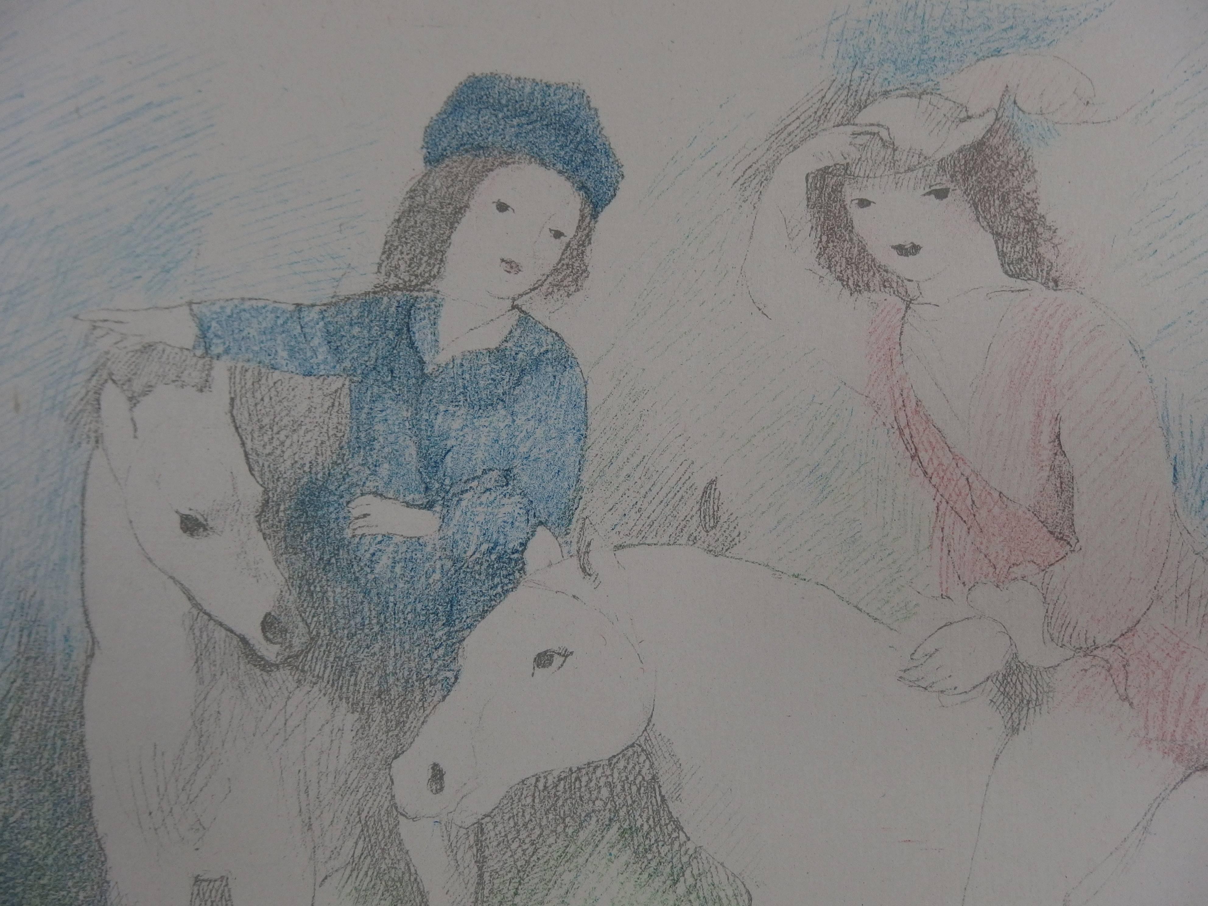 Two Girls with Horses and Dog - Signed Stone Lithograph - 1928 - Gray Figurative Print by Marie Laurencin