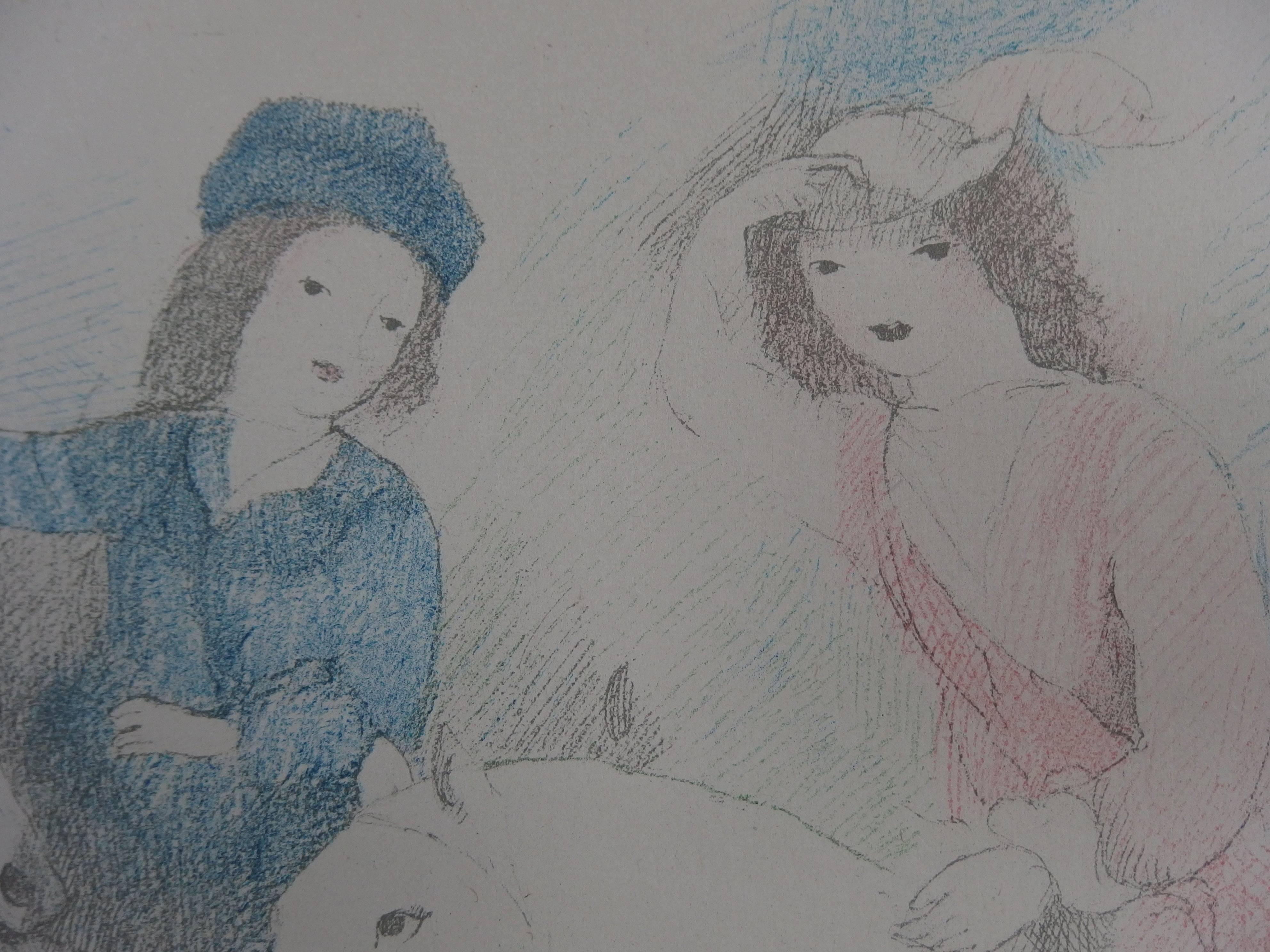Two Girls with Horses and Dog - Signed Stone Lithograph - 1928 - Gray Figurative Print by Marie Laurencin