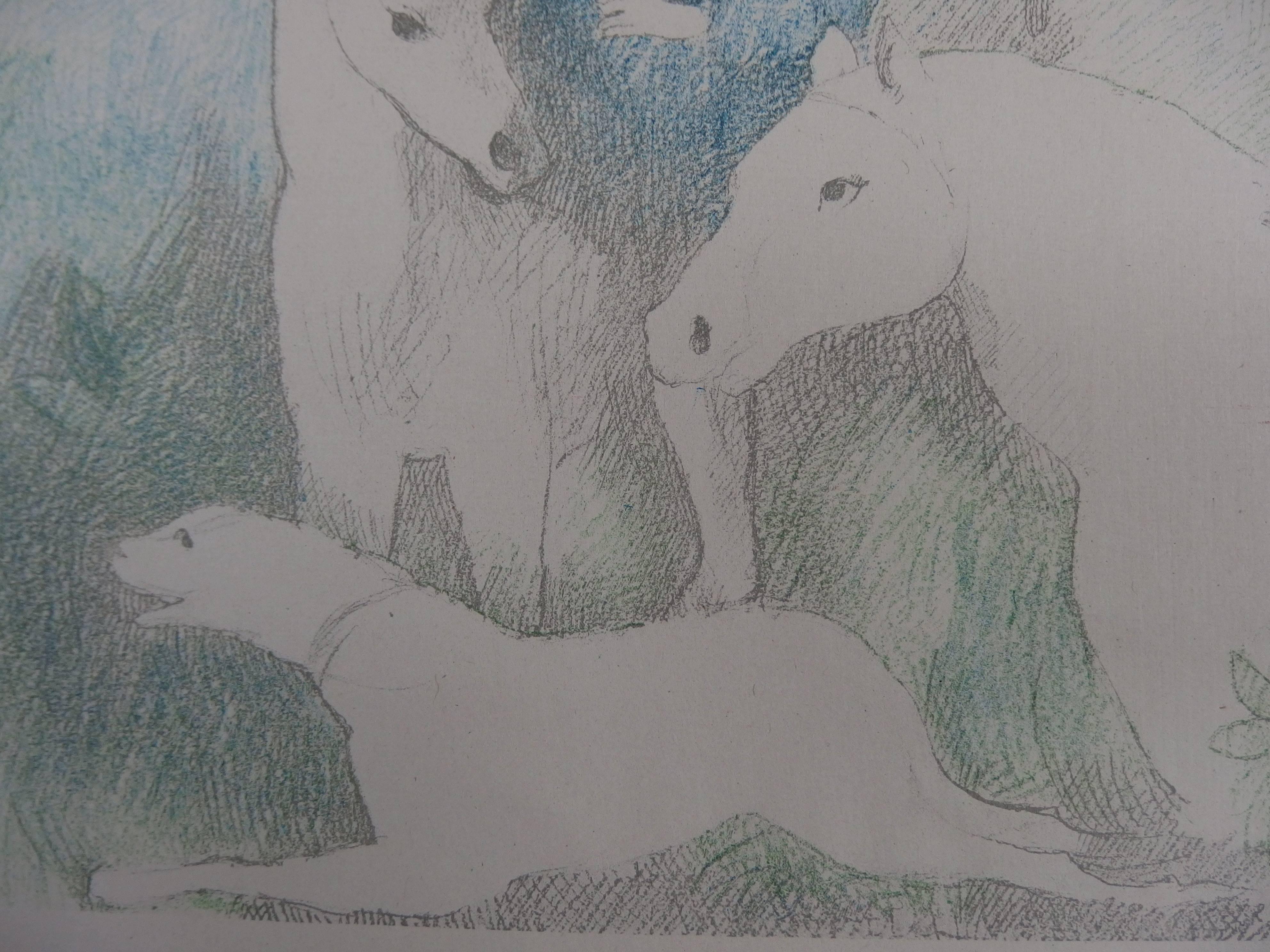 Two Girls with Horses and Dog - Signed Stone Lithograph - 1928 - Realist Print by Marie Laurencin