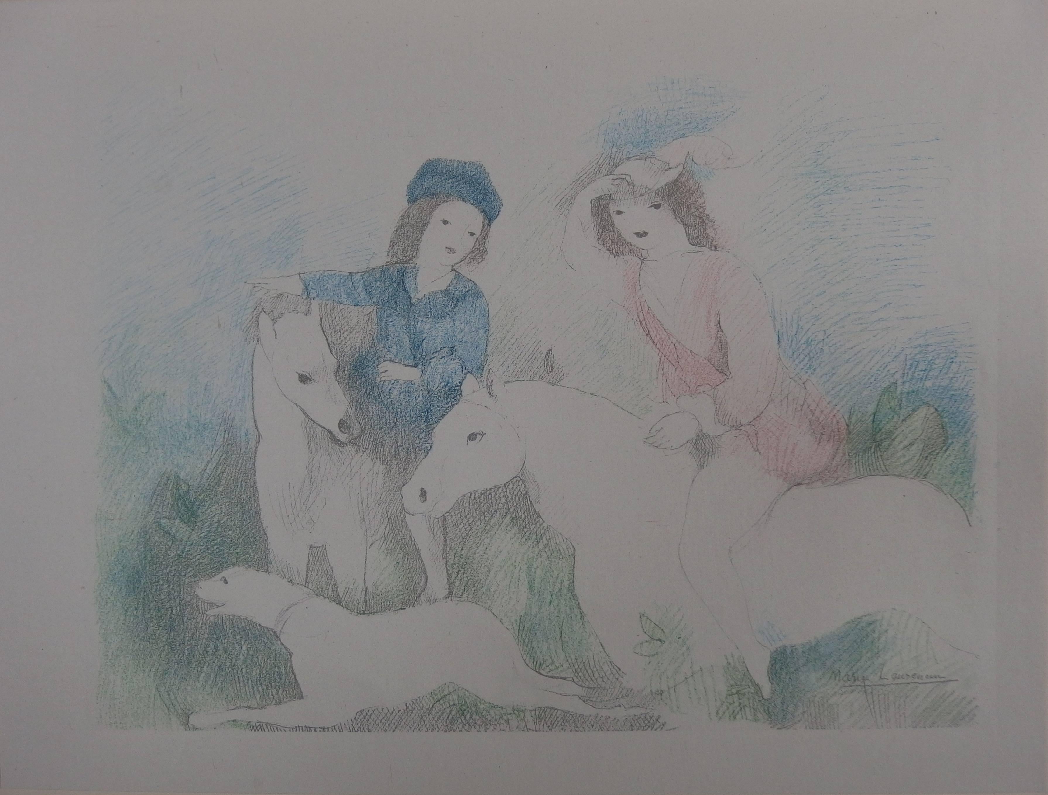 Deux filles avec des chevaux et un chien - Lithographie en pierre signée, 1928
