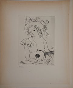 Vintage Young Girl with Guitar - Original etching, 1945