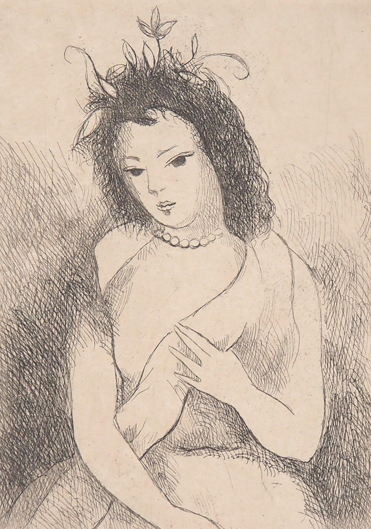 Young Girl with Pearl Necklace, 1945 - Original Etching (Marchesseau #236) - Modern Print by Marie Laurencin