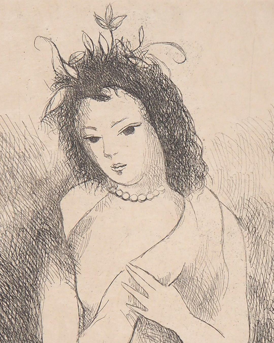 Young Girl with Pearl Necklace, 1945 - Original Etching (Marchesseau #236) - Beige Figurative Print by Marie Laurencin