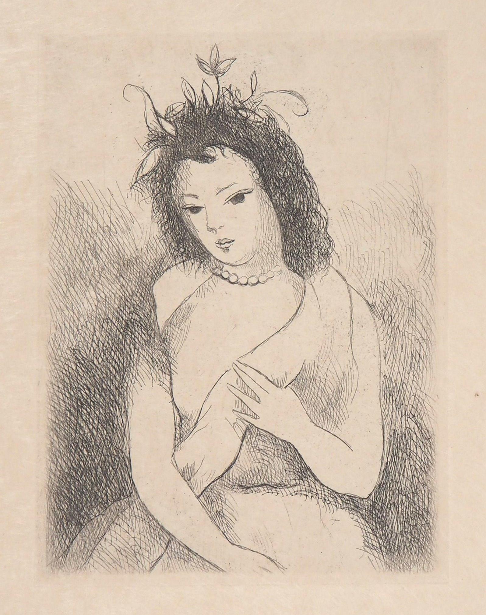 Marie Laurencin Figurative Print - Young Girl with Pearl Necklace, 1945 - Original Etching (Marchesseau #236)