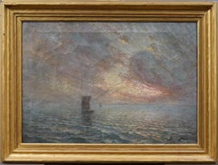 Antico dipinto impressionista americano firmato, incorniciato, con paesaggio marino al tramonto