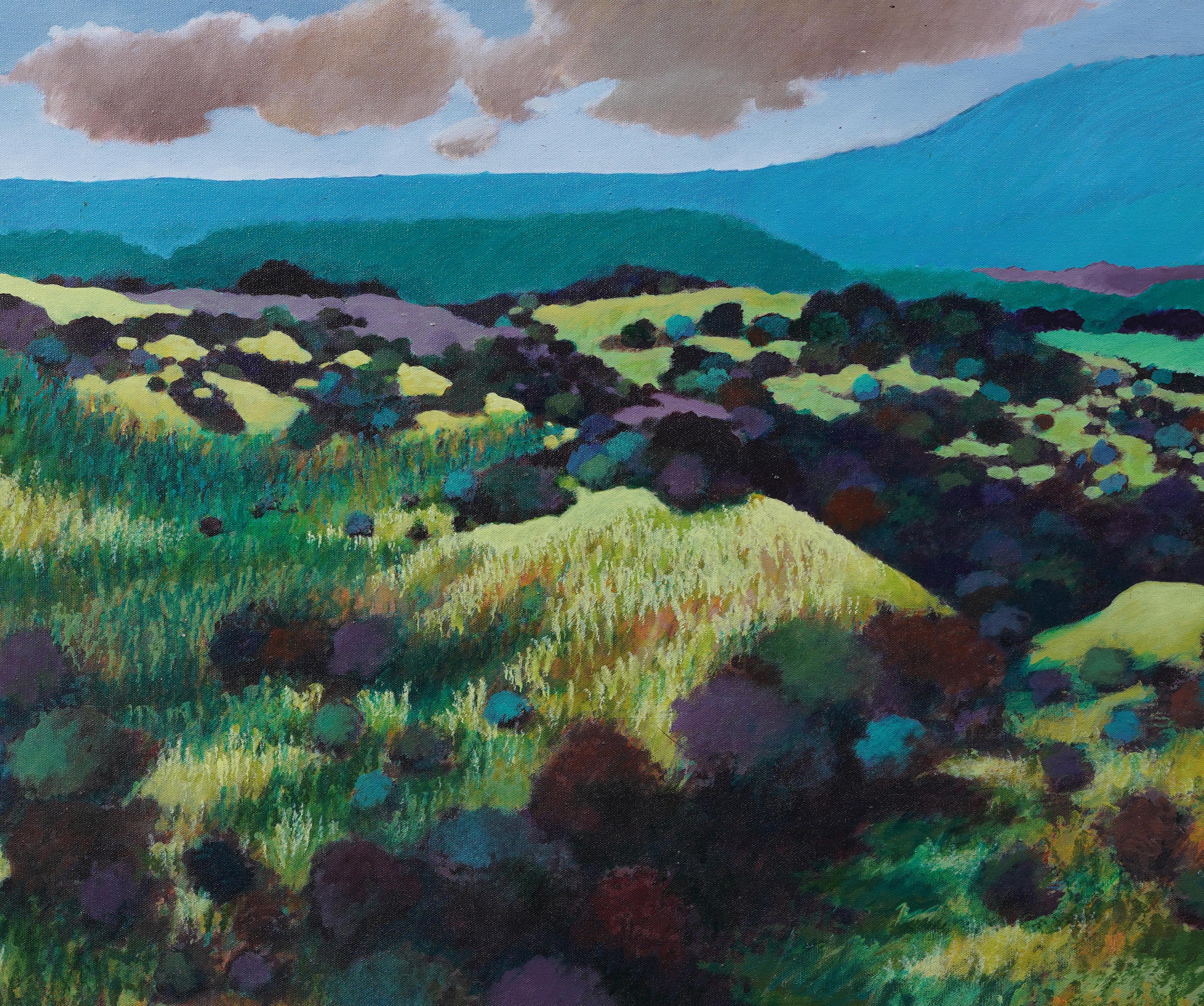 Impresionante paisaje modernista americano de colinas onduladas. Óleo sobre lienzo.  Enmarcado.  Firmado y fechado abajo a la derecha.  Tamaño de la imagen, 24 por 29 pulgadas.  