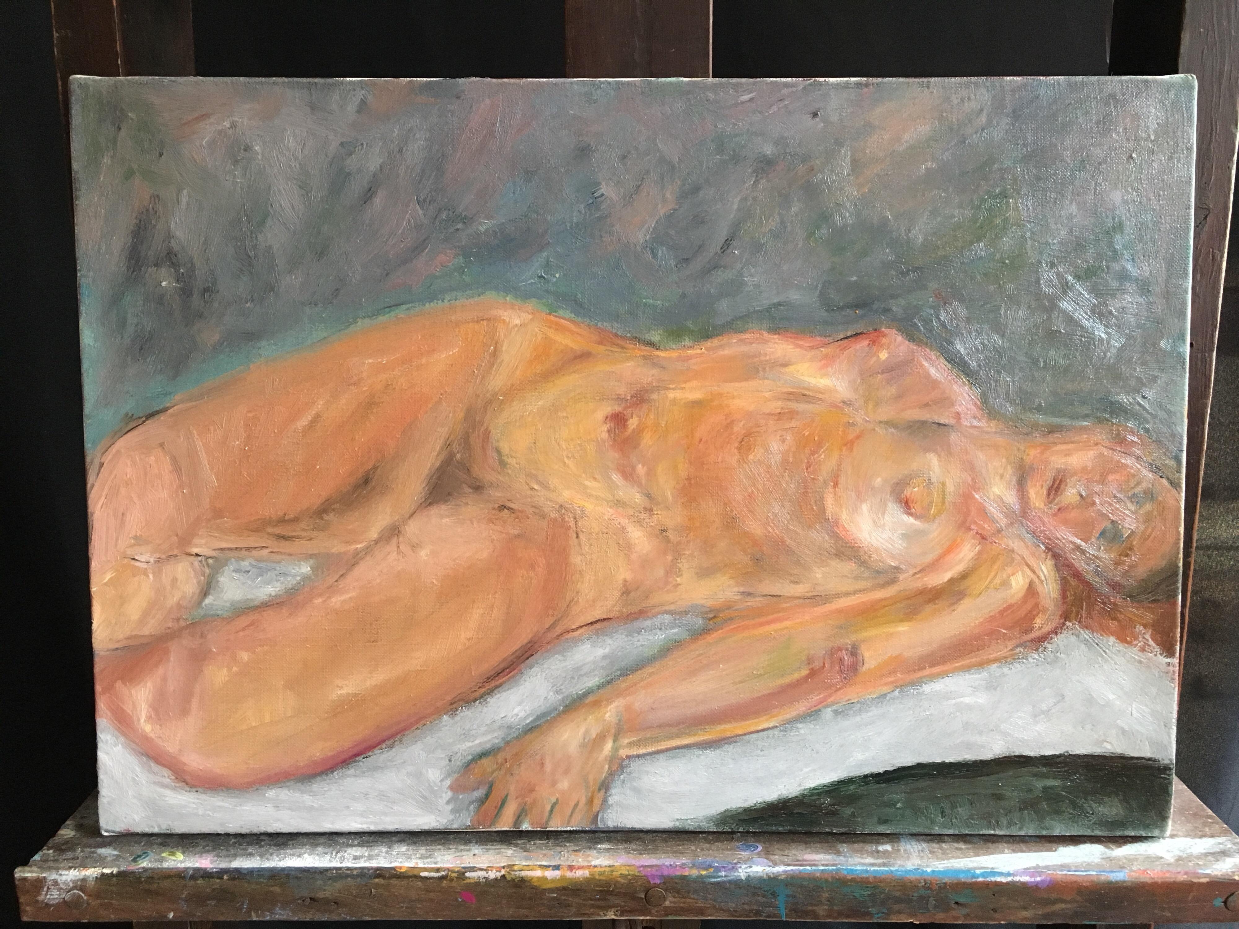 Nudo femminile impressionista, pittura a olio classica - Painting di Marie Louise Garnavault