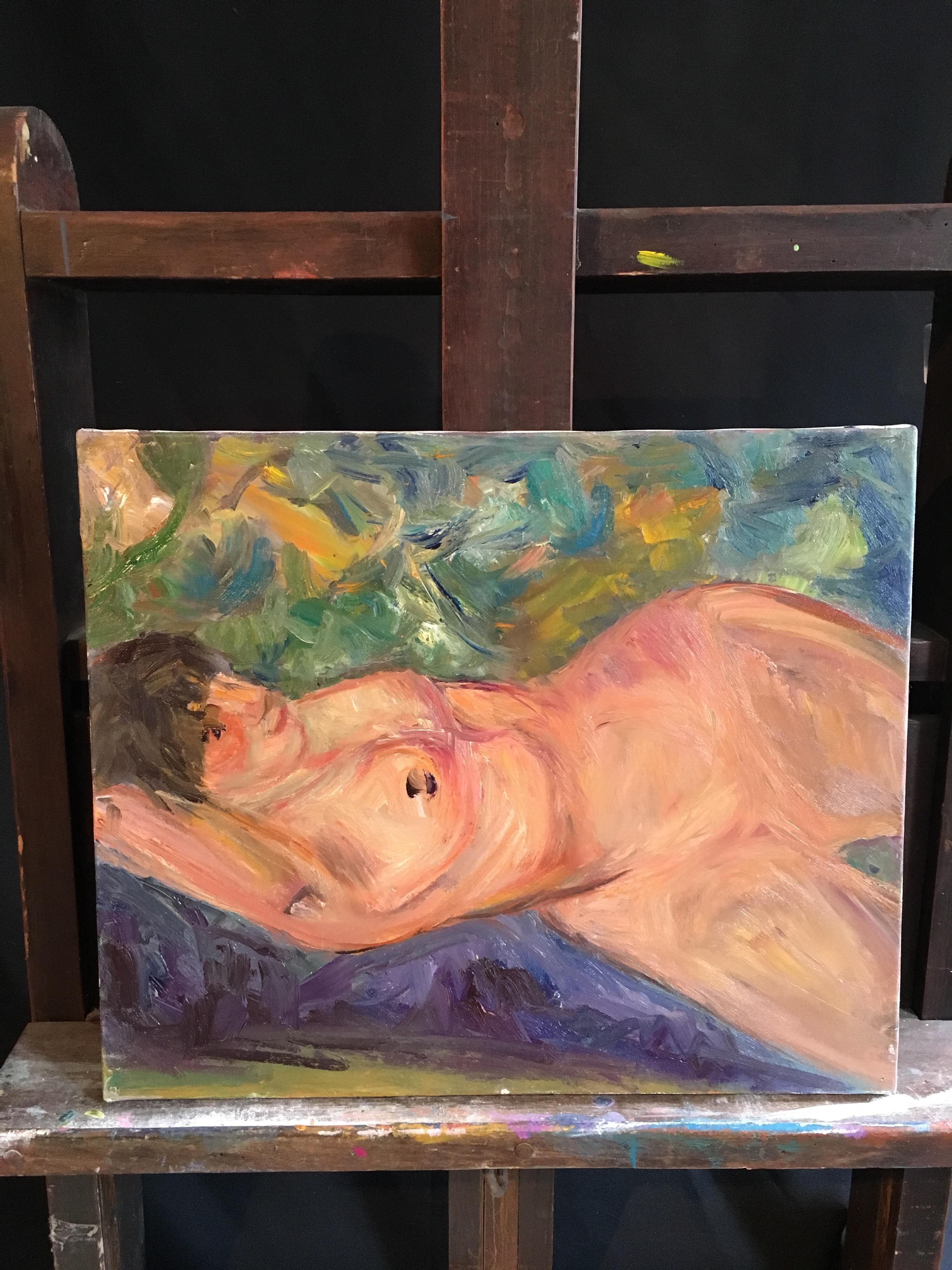 Impressionist Nude, Voluptuous Model, Oil Painting - Brown Nude Painting by Marie Louise Garnavault