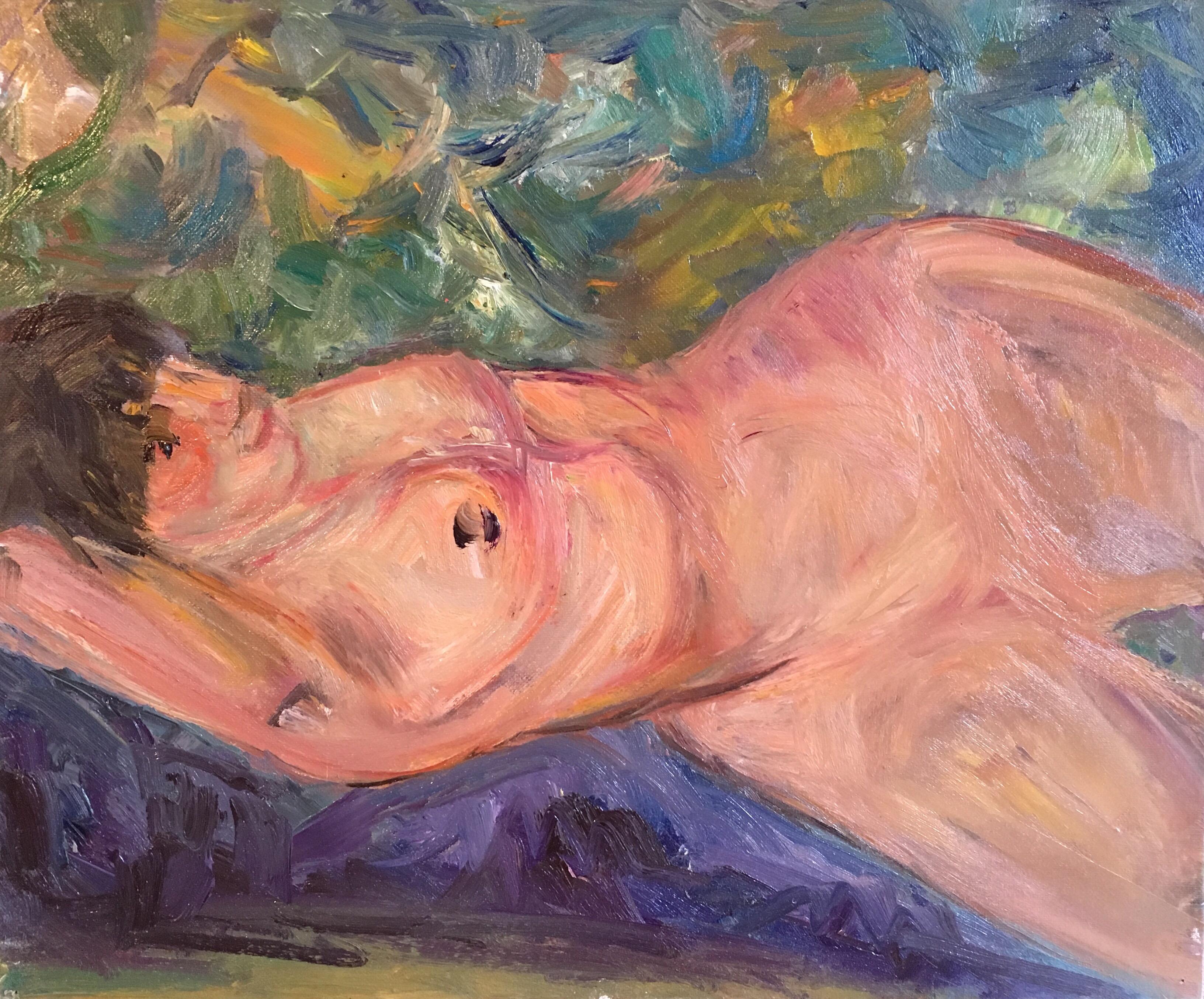 Marie Louise Garnavault Nude Painting - Impressionist Nude, Voluptuous Model, Oil Painting