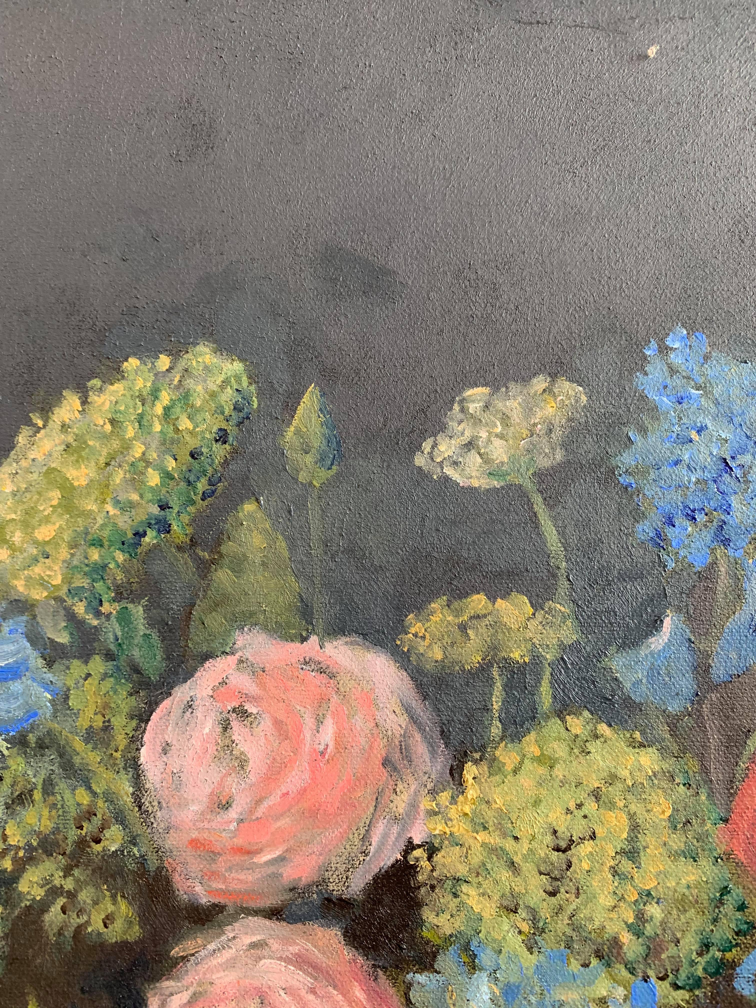 This oil on canvas still life painting presents abundant flowers in a brown vase. The wide canvas creates a panorama of flowers to look at. There are shades of cadmium red, beautiful rose pink, and cerulean blues. The neutral gray background and