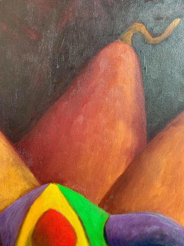 This oil on canvas painting is of a jester figure with three pears behind it. The crimson background gives this painting a dramatic feeling. The bright colors of the jester's hat sharply contrast the organic golden pears, making it a focal point in