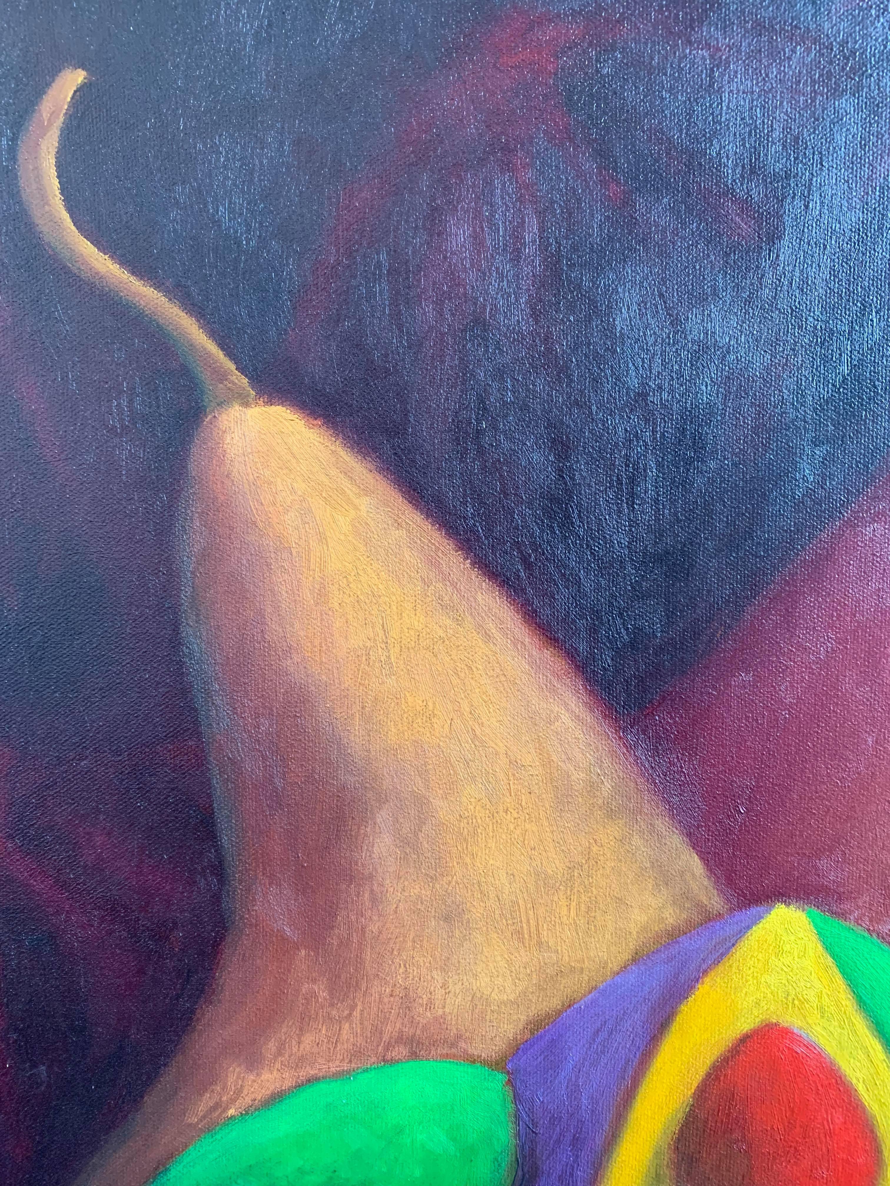 This oil on canvas painting is of a jester figure with three pears behind it. The crimson background gives this painting a dramatic feeling. The bright colors of the jester's hat sharply contrast the organic golden pears, making it a focal point in
