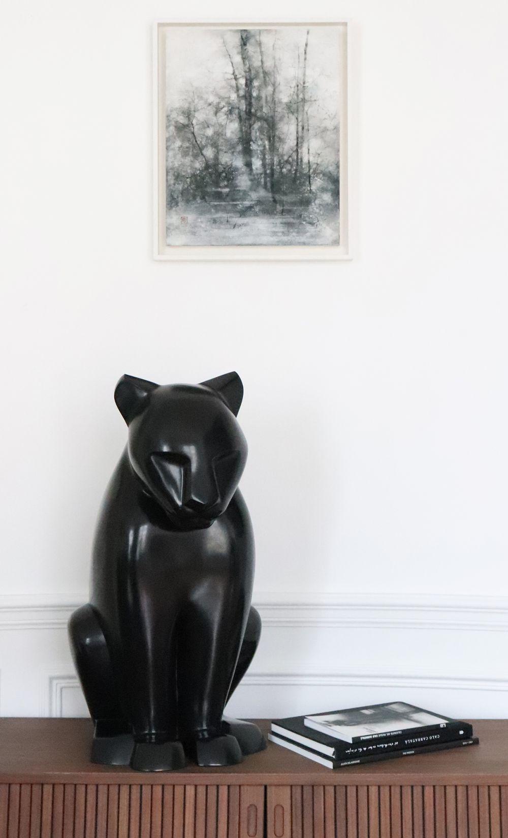 Leona by Marie Louise Sorbac - Animal bronze sculpture, lioness, black colour For Sale 1