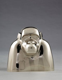 Oscar by Marie Louise Sorbac - Bronze animal sculpture, Bonobo monkey, golden