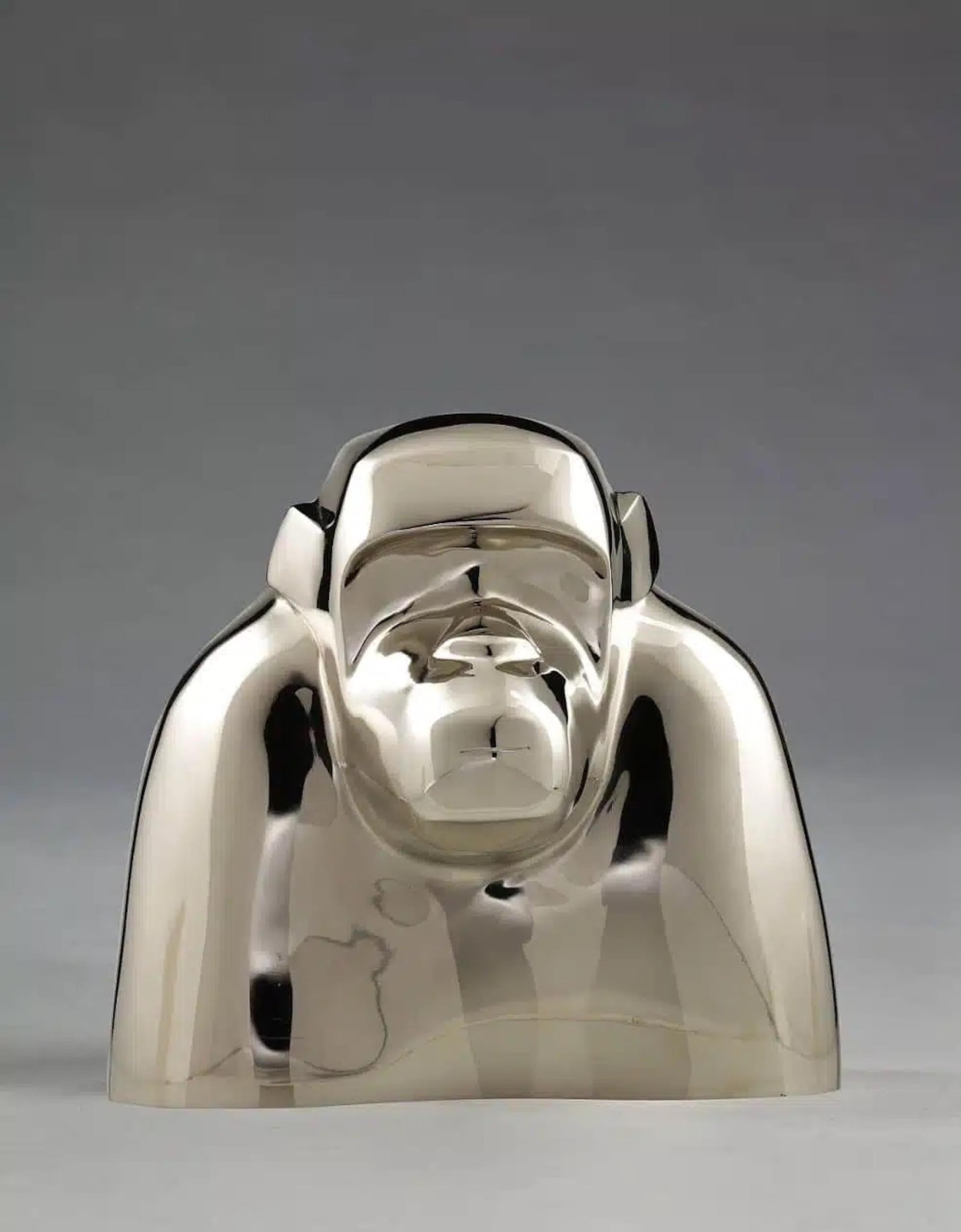 Oscar by Marie Louise Sorbac - Bronze animal sculpture, Bonobo monkey, golden