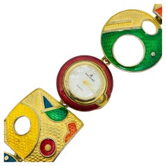 MARIE LOURDES signed vintage gold tone abstract enamel designer watch bracelet