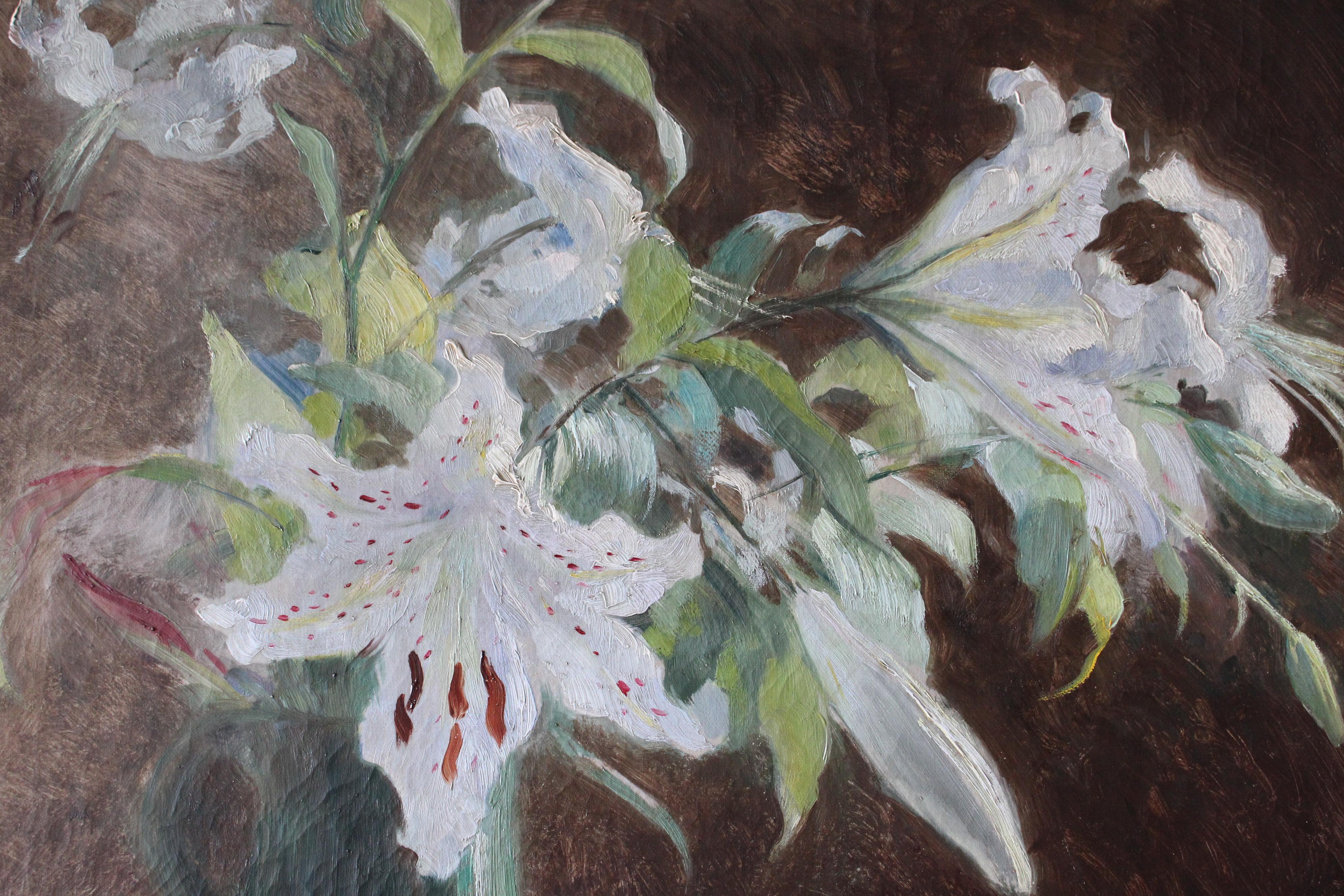 Flowers Still Life Large Canvas French Antique Original Oil Painting of Lilies im Angebot 13