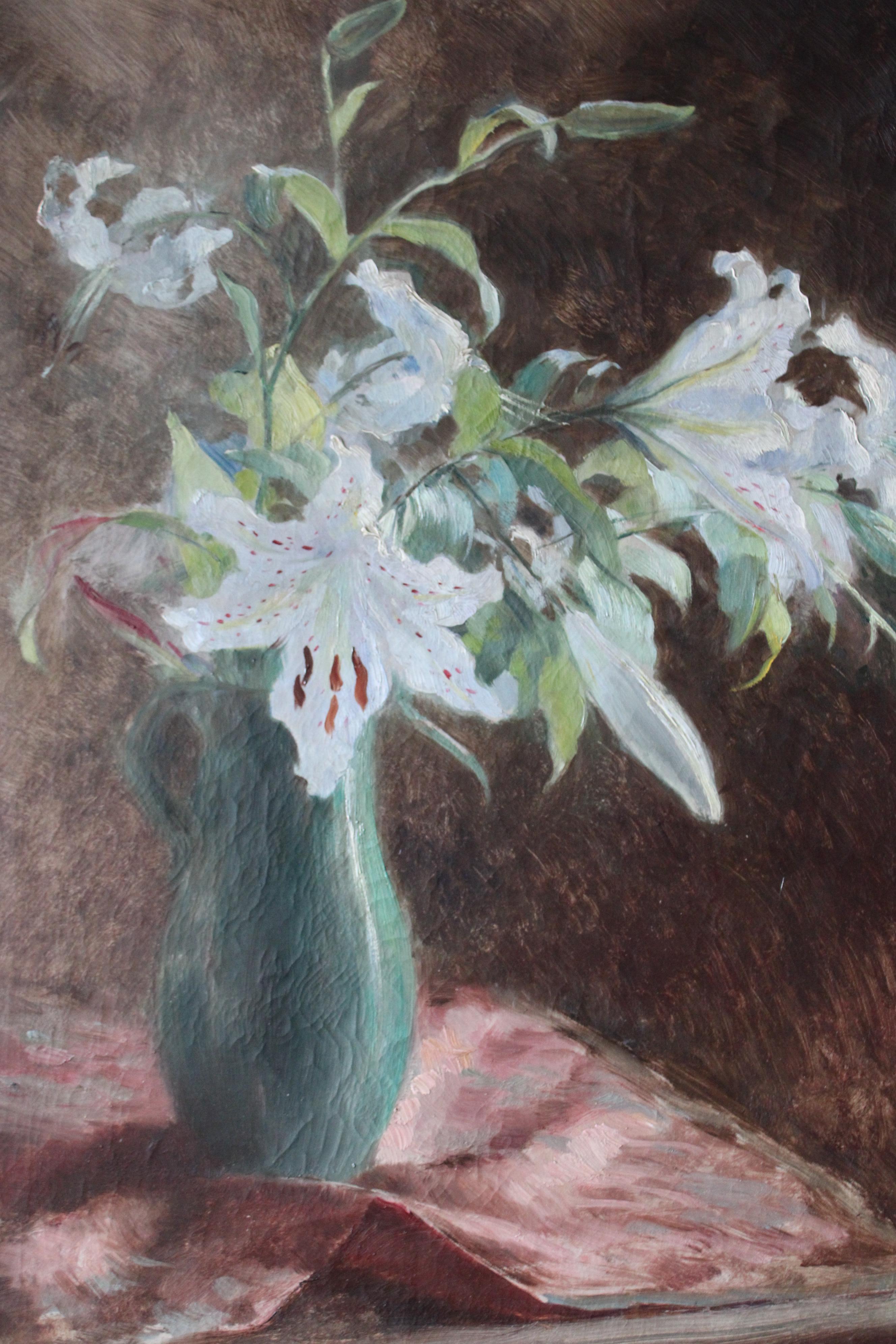Flowers Still Life Large Canvas French Antique Original Oil Painting of Lilies (Braun), Still-Life Painting, von Marie-Lucie Cornelius