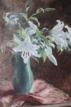 Flowers Still Life Large Canvas French Antique Original Oil Painting of Lilies