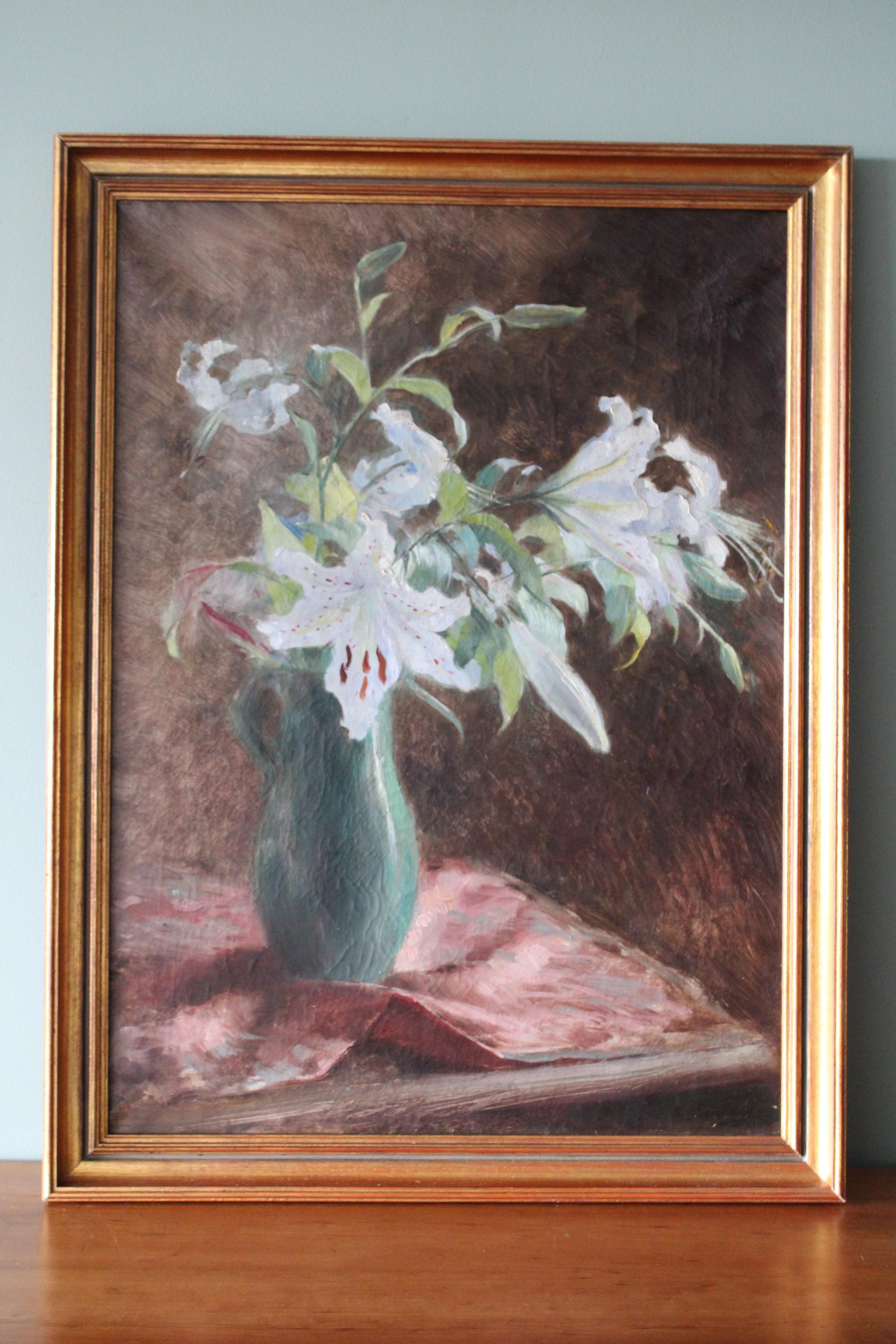 Large Antique French Still Life oil painting flowers on canvas, white lilies in a green vase atop a covered table.  Large showy lilies in full bloom against a darker backdrop fill the upper half of this impressive canvas by French artist Marie-Louis