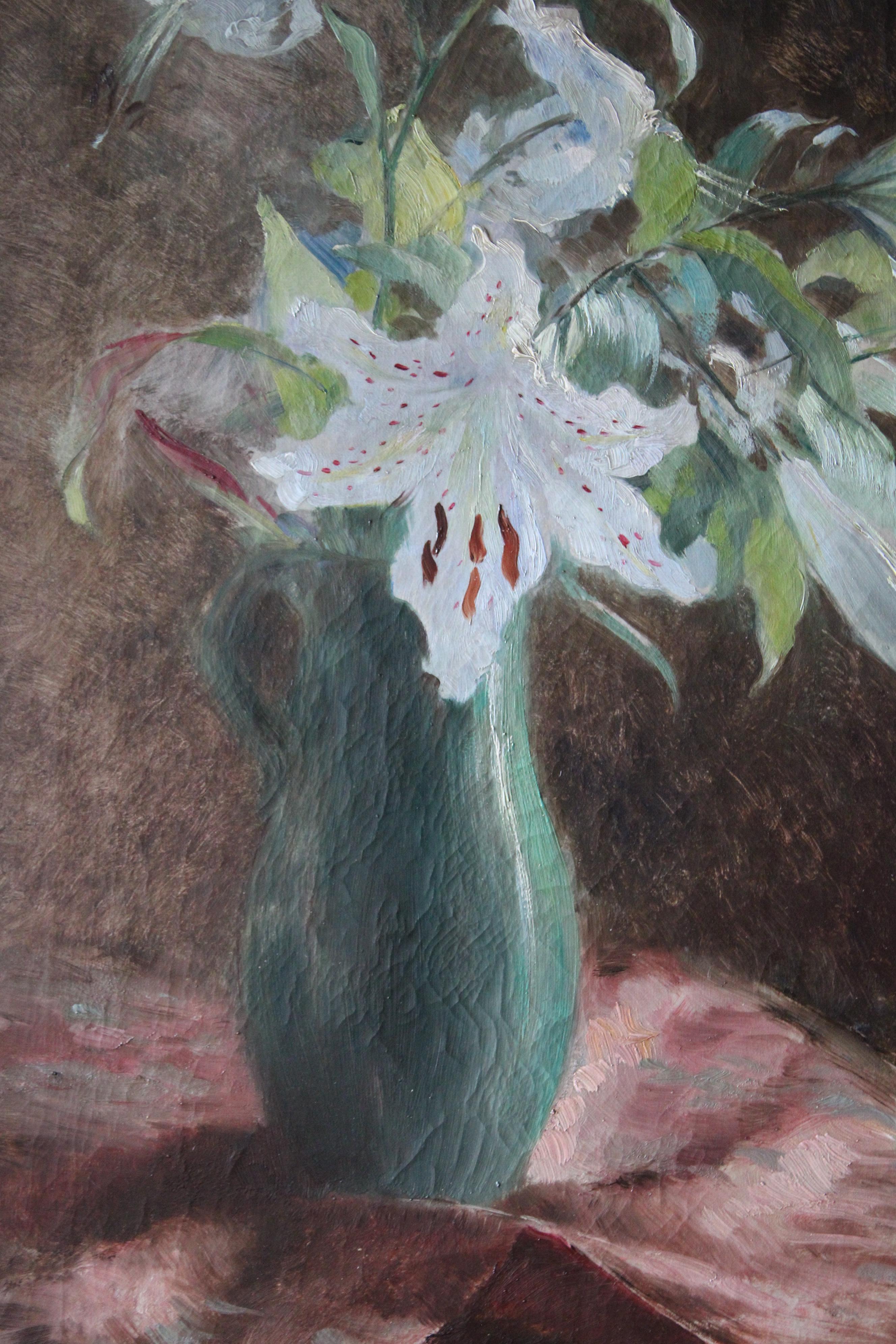 Flowers Still Life Large Canvas French Antique Original Oil Painting of Lilies im Angebot 2