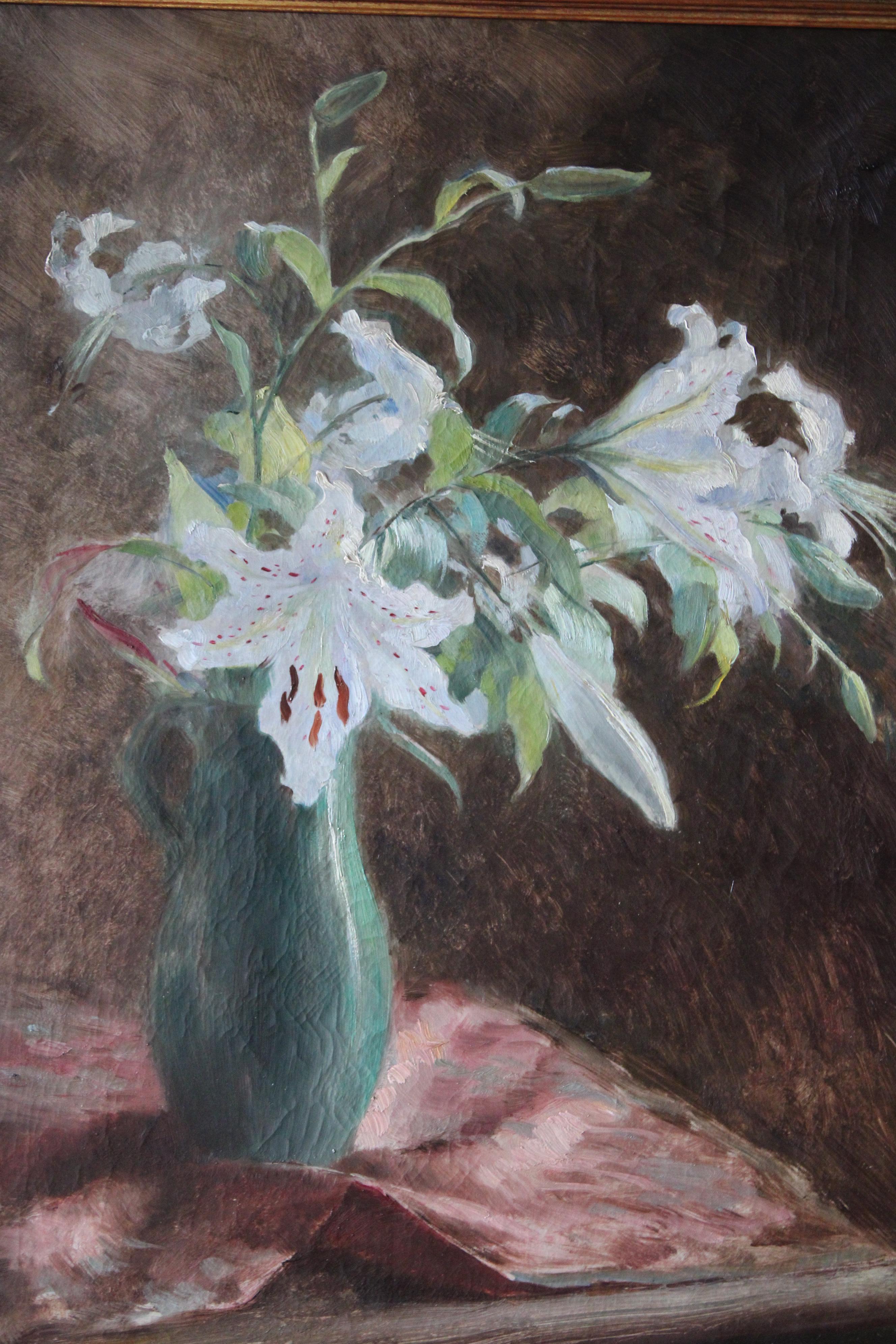 Flowers Still Life Large Canvas French Antique Original Oil Painting of Lilies im Angebot 5