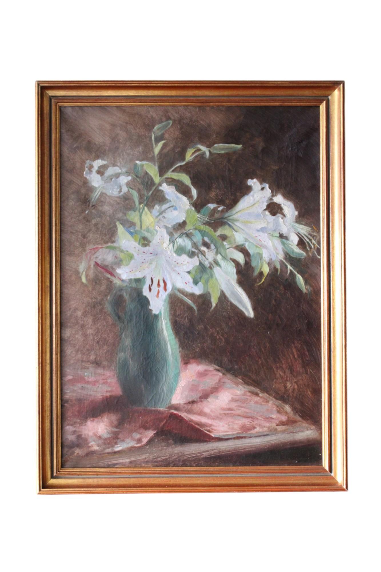 Flowers Still Life Large Canvas French Antique Original Oil Painting of Lilies